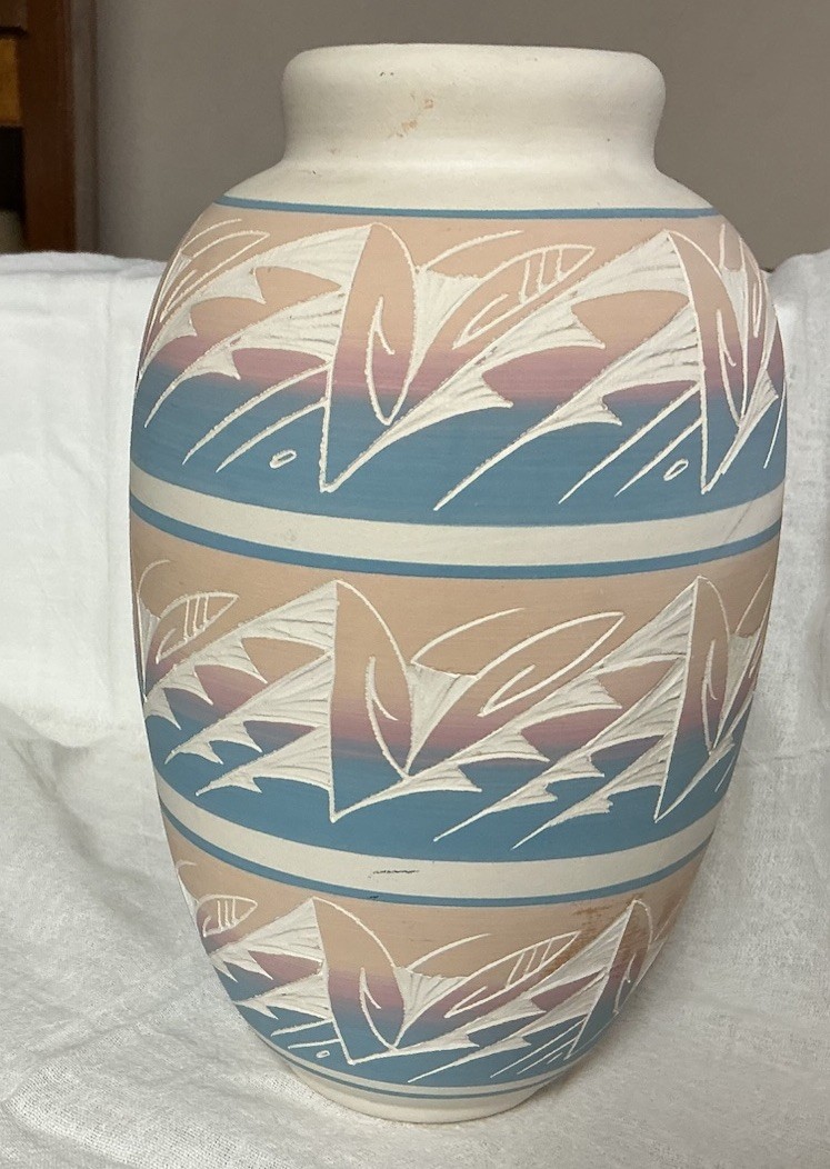 10” Tall Navajo Pink And Blue Etched Vase
