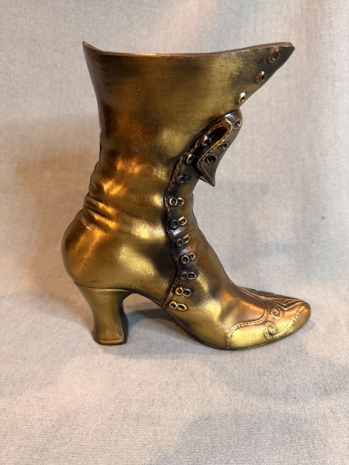Vintage Solid Brass Victorian Lady's Boot Shoe Vase Planter Distressed Heavy