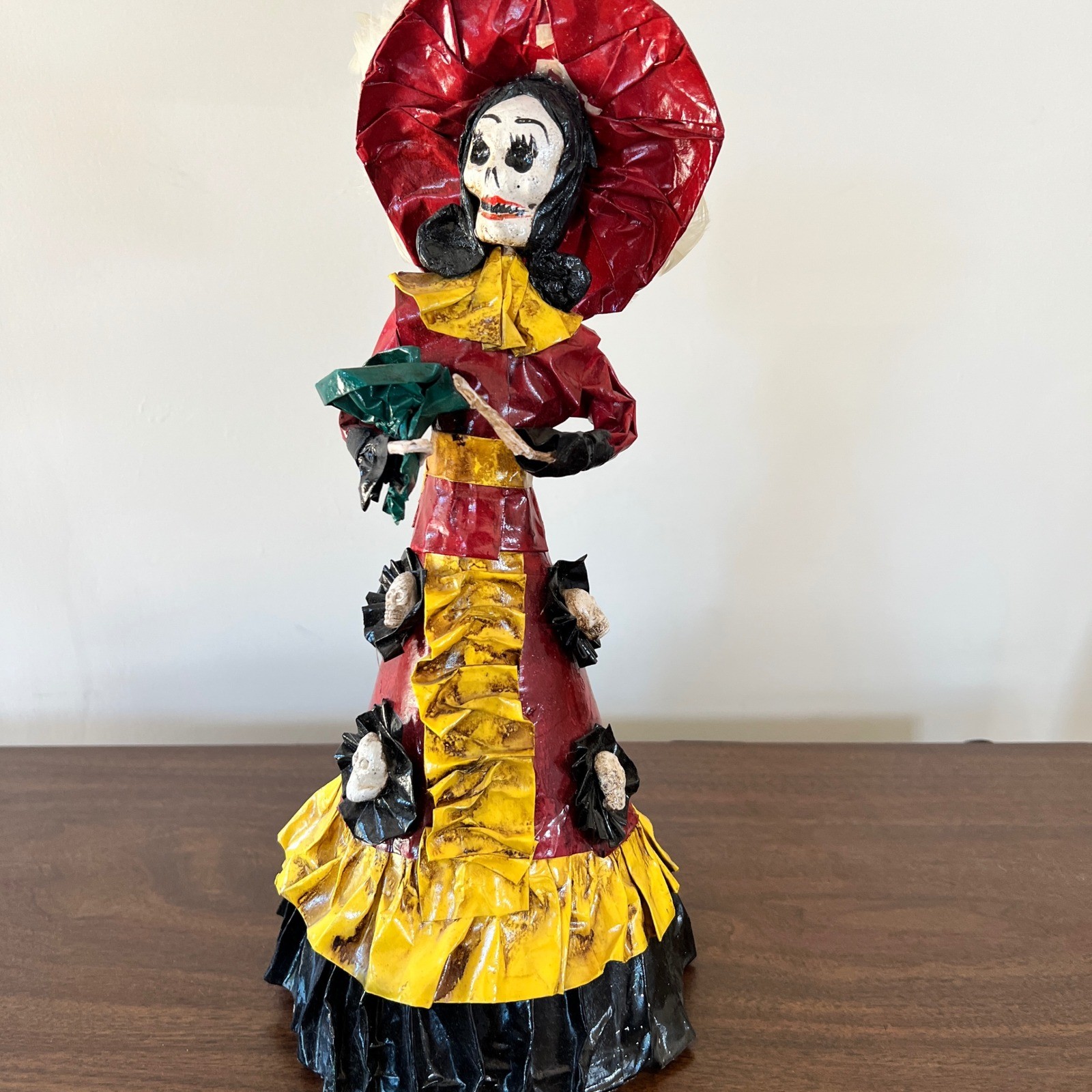 Mexican Folk Art Paper Mache La Catrina Skeleton Doll Day of the Dead Red Yellow