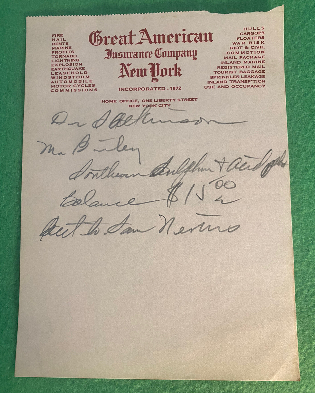Vintage c1920-30s Great American Insurance Company of New York NY Letterhead