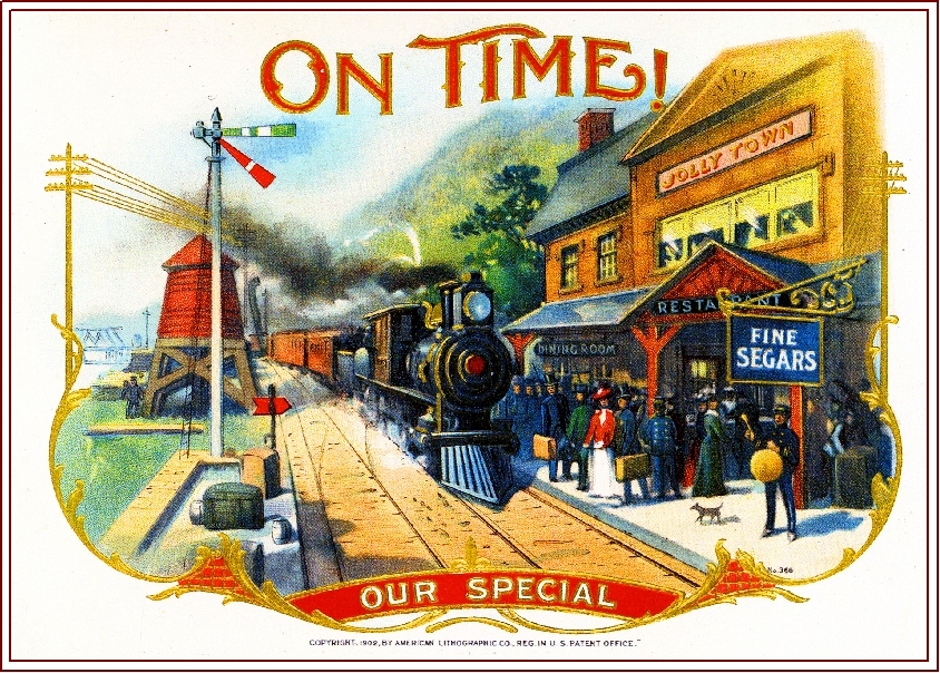 1902 On Time Locomotive Smoke Vintage Cigar Tobacco Box Crate Inner Label Print
