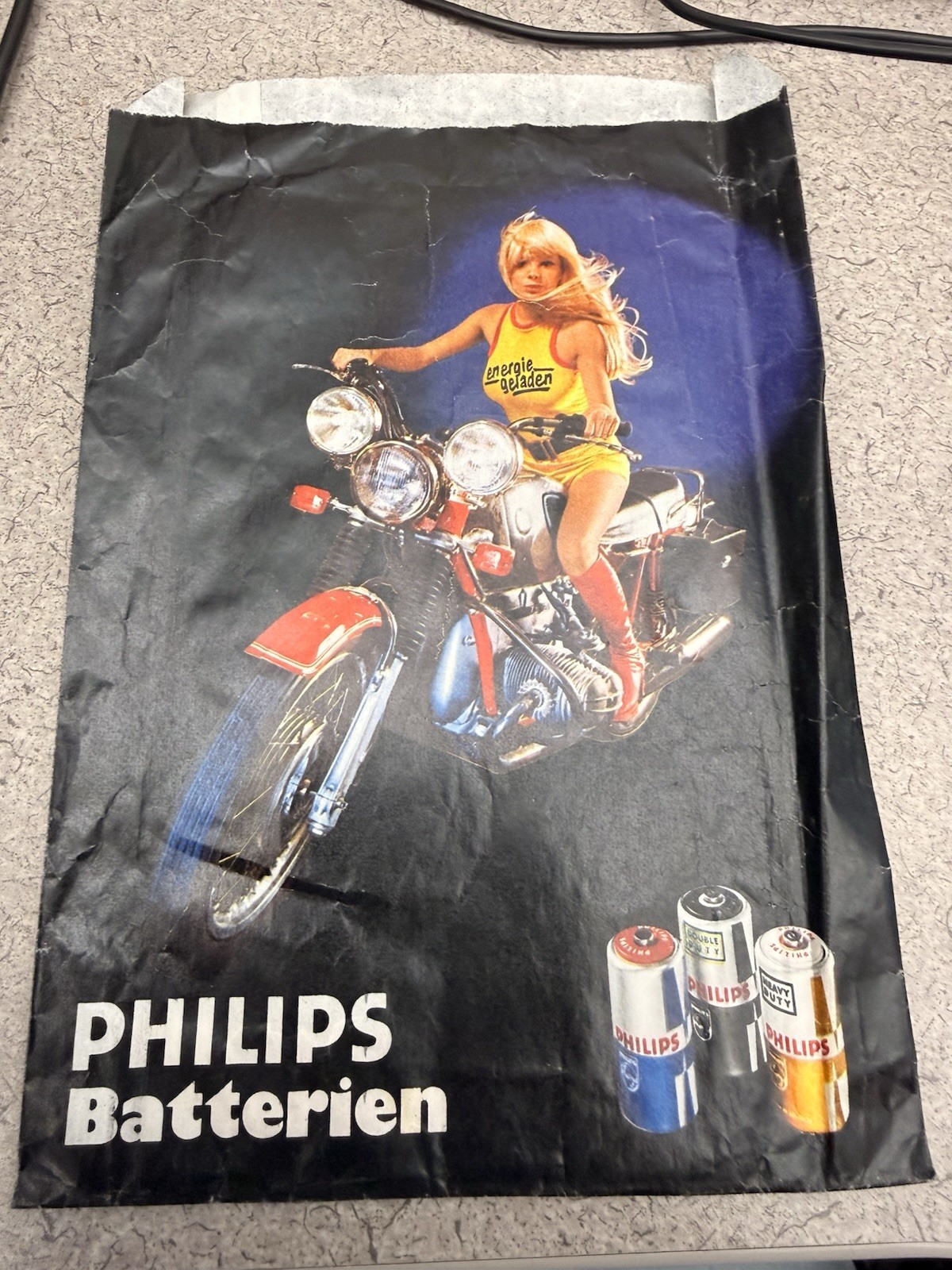 Vintage Philips Batteries Paper Bag Motorcycle Advertising Germany 1970s