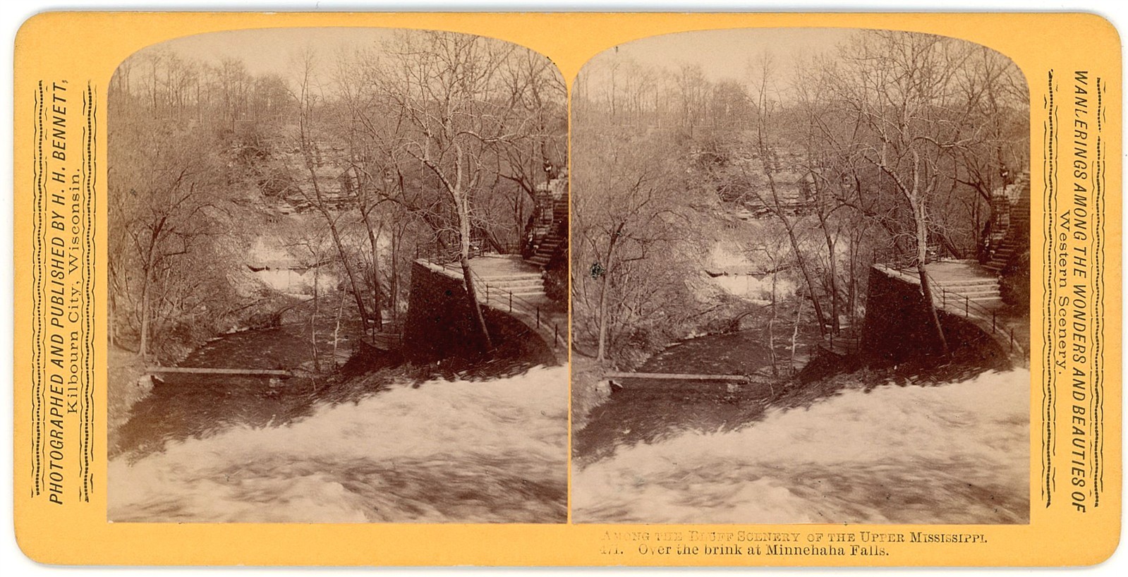MINNESOTA STEREOVIEW - Over the Brink of Minnehaha Falls - HH Bennett 1880s