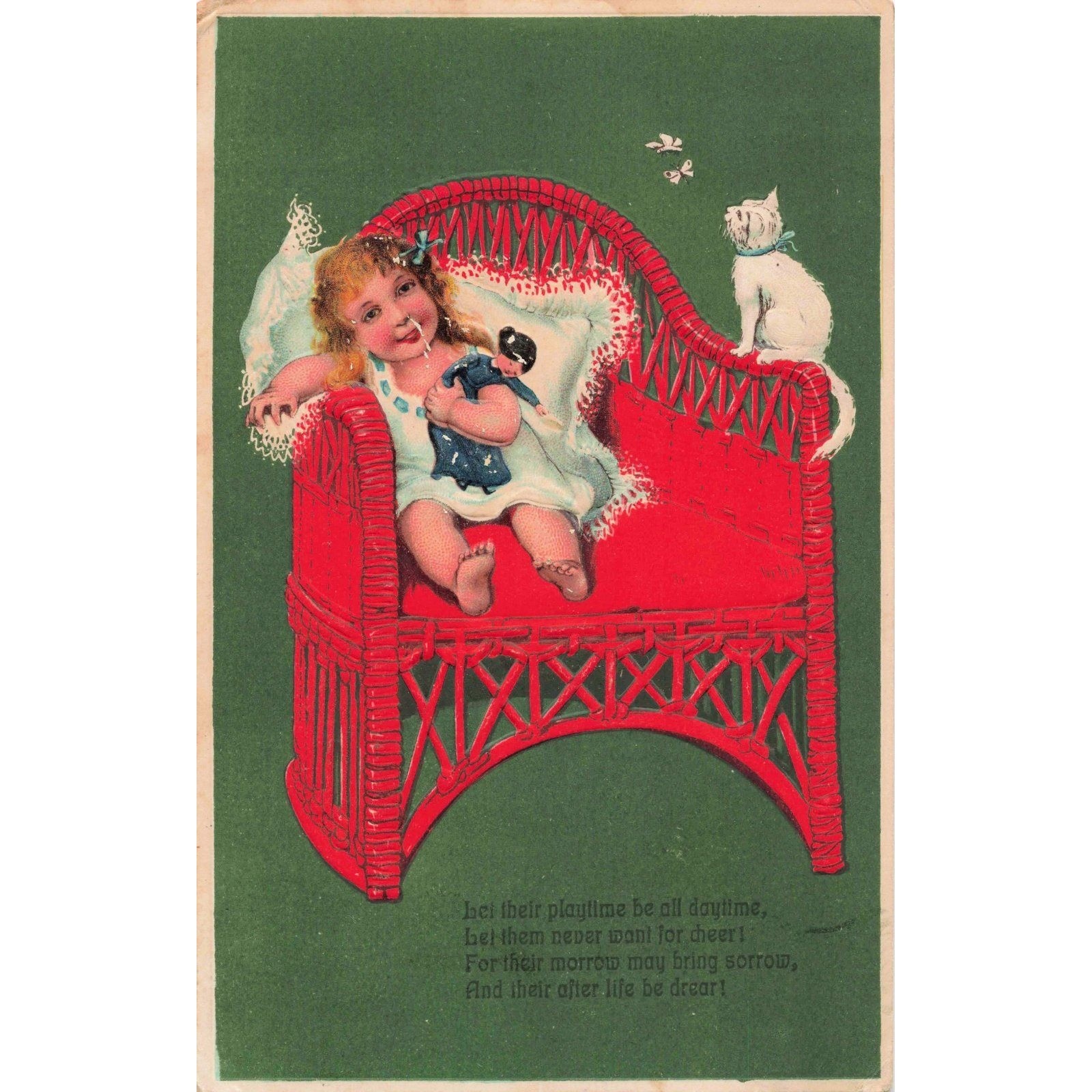 New Bethlehem PA 1909 Postmark Embossed Postcard Girl Wicker Chair Cat Doll