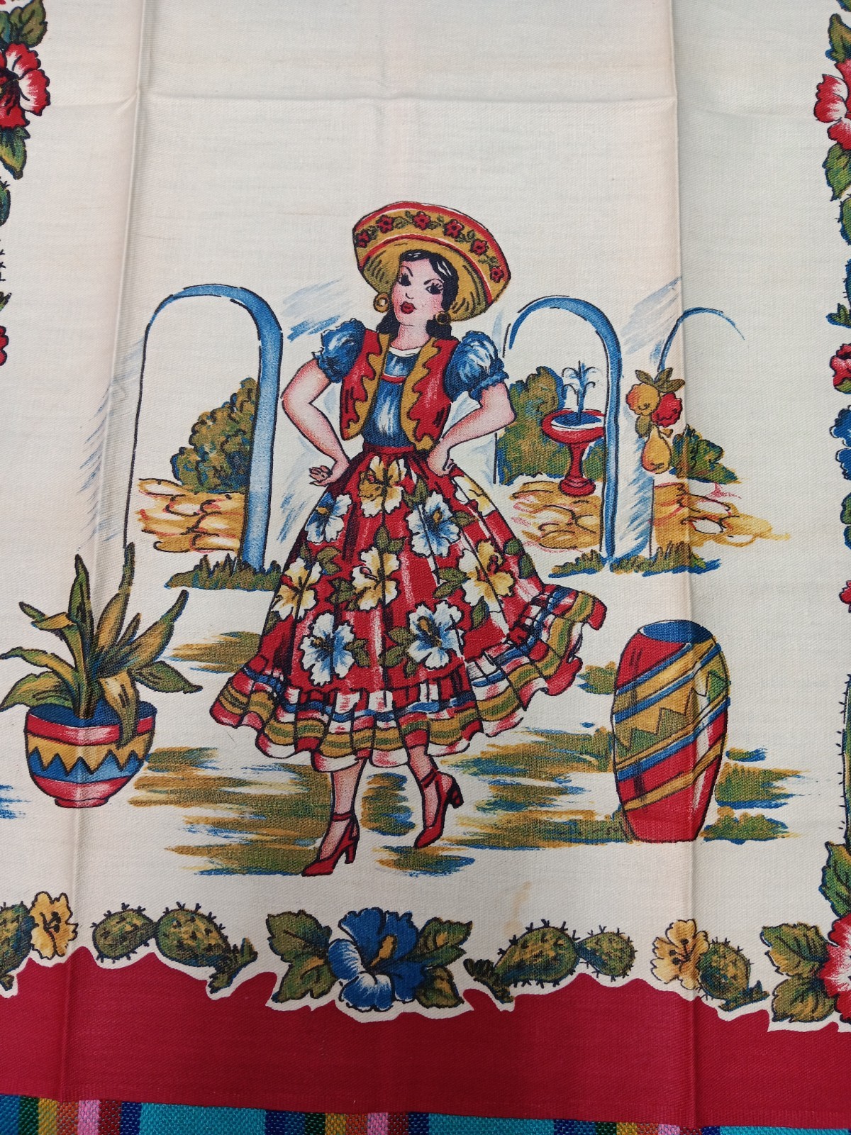 Vintage Mexican towels 2 Red White dancing Senorita High Heels