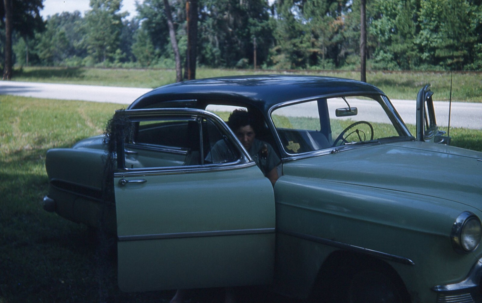 1950's Slide Lady Taking Roadside Break 1953 54 Chevrolet Texas Car Red Border 1950's Slide Lady Taking Roadside Break 1953 54 Chevrolet Texas Car Red Border