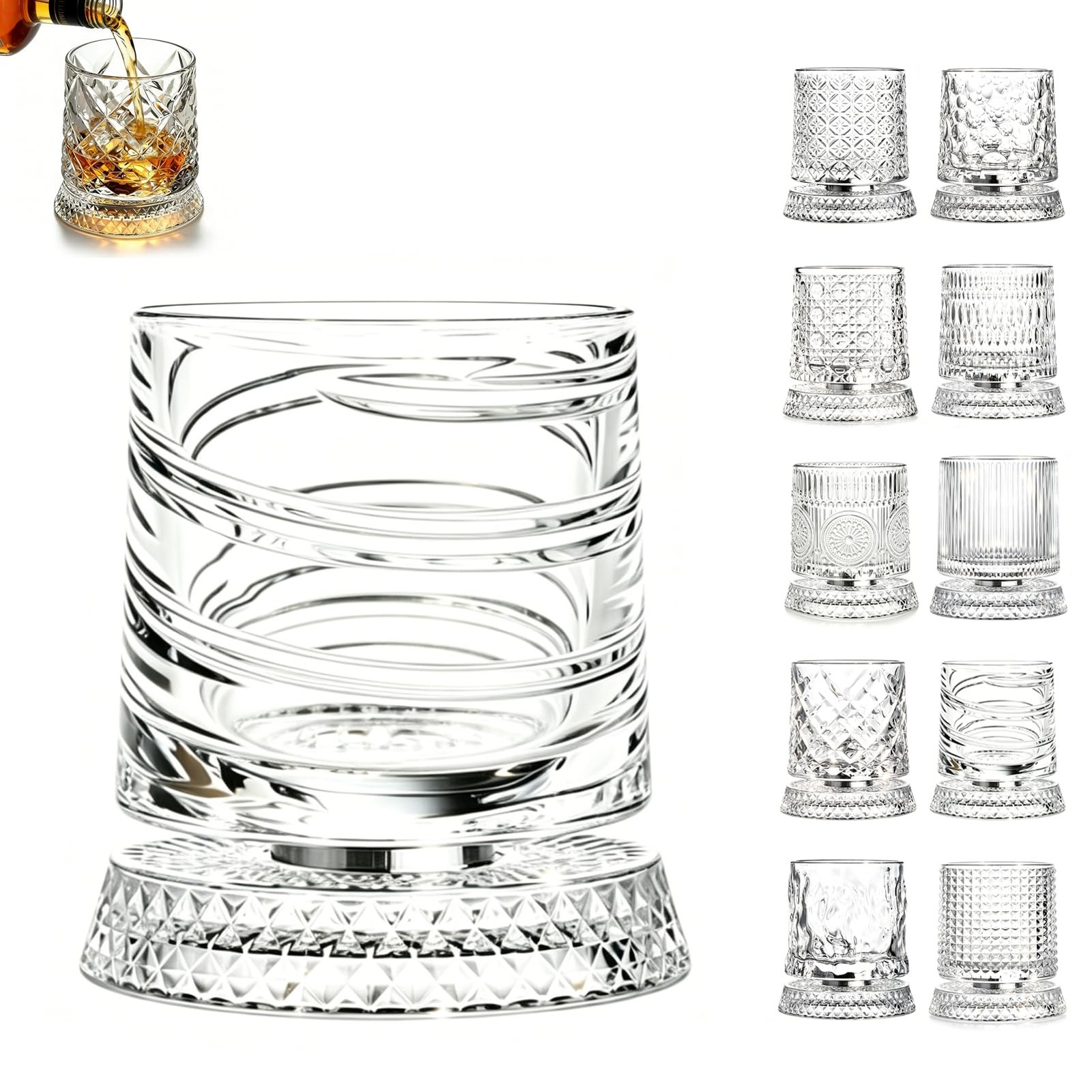 Rotating Whiskey Glass, 360°Spinning Crystal Bourbon Small, Transparent Rotating Whiskey Glass, 360°Spinning Crystal Bourbon Small, Transparent