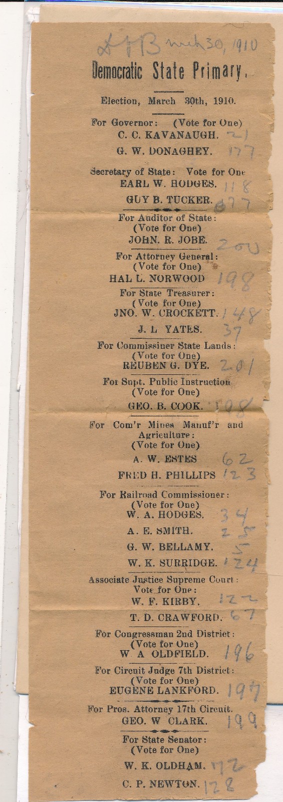 1910 Arkansas Democratic Primary Ballot Tally Sheet Faulkner County Donaghey