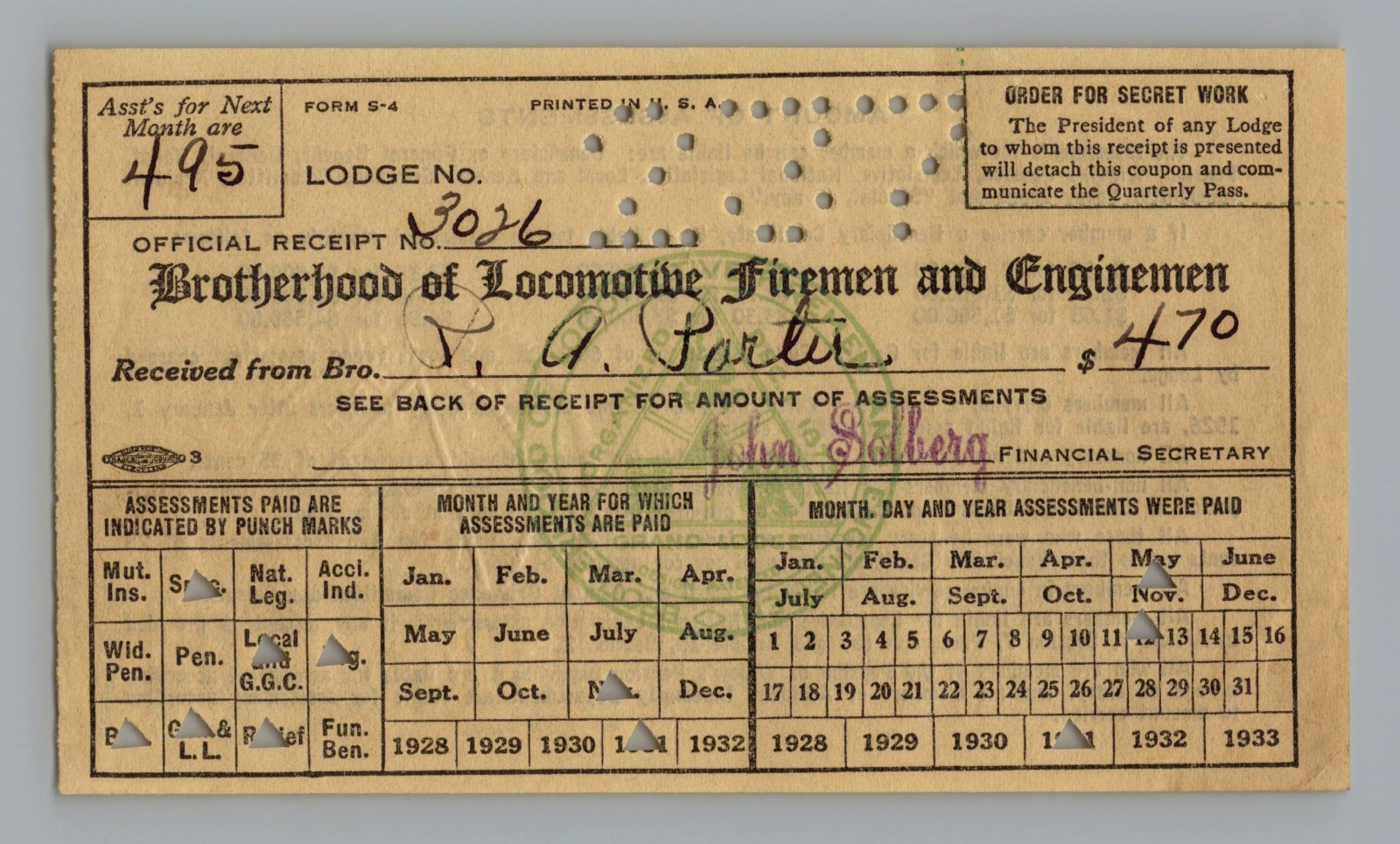 Vintage 1931 Brotherhood of Locomotive Firemen and Enginemen Dues Receipt Paper