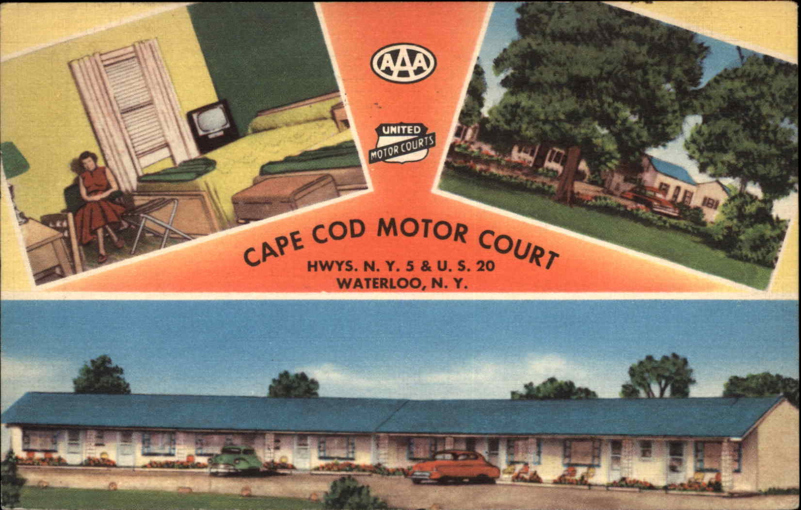 Waterloo New York NY Cape Cod Motor Court TV c1940s-50s Linen Postcard