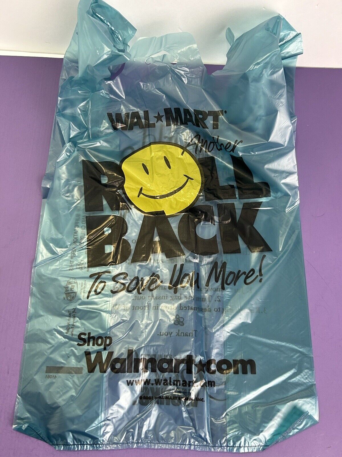 12 Vintage Walmart Blue over Sized Plastic Bags Roll Back Smiley Face 2001 RARE