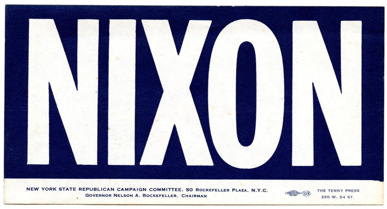 RICHARD NIXON 1968 Republican Presidential Campaign Bumper Sticker NYC New York
