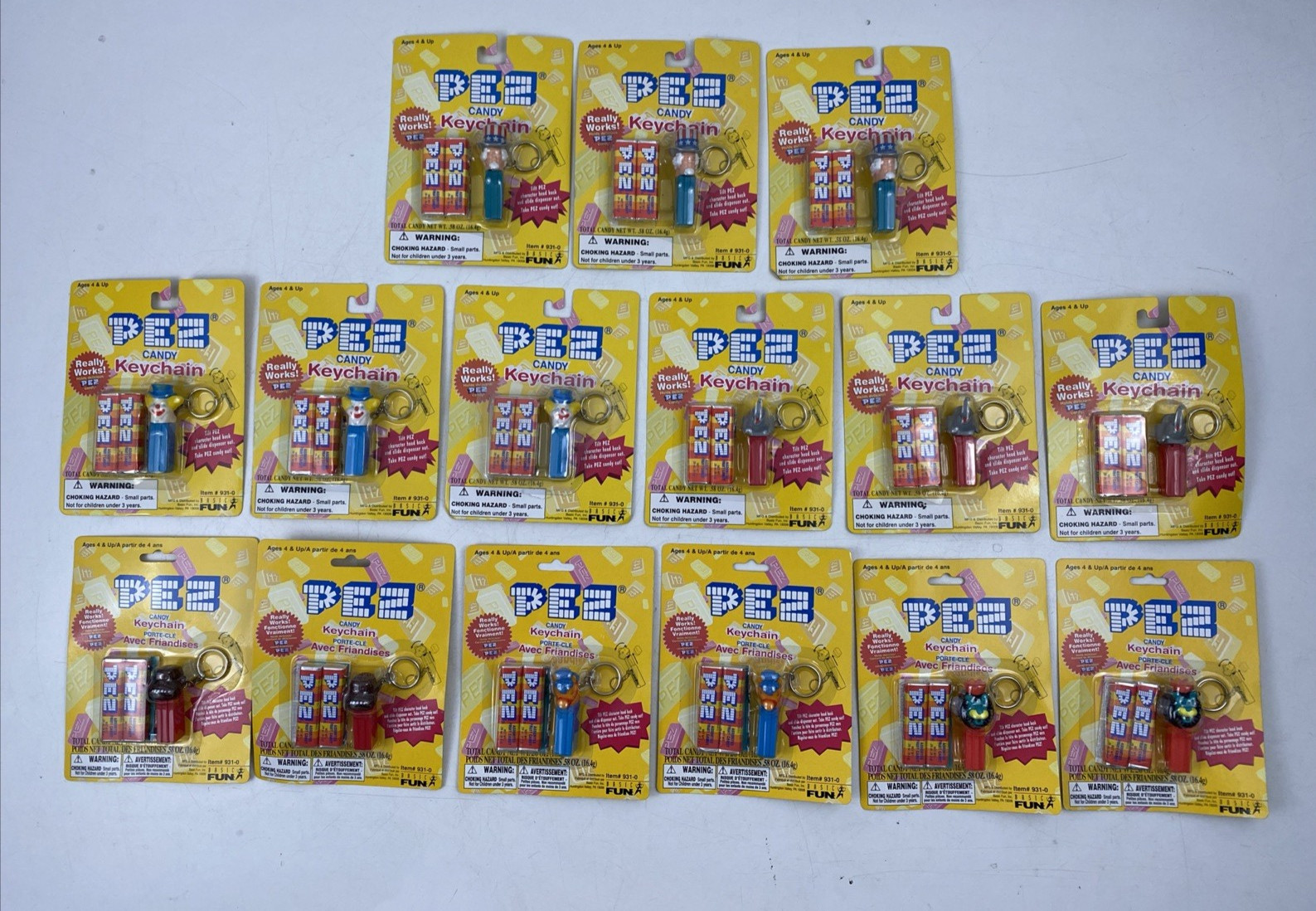 Vintage PEZ Candy Keychain Lot of 15 Sealed NOS Clown Elephant Uncle Sam
