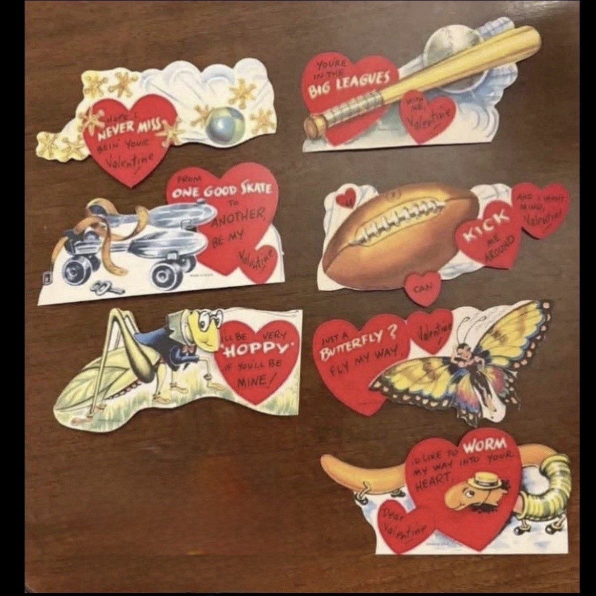 7  Vintage  Valentines  Anthropomorphic Worm Butterfly Skate Grasshopper Bat Etc