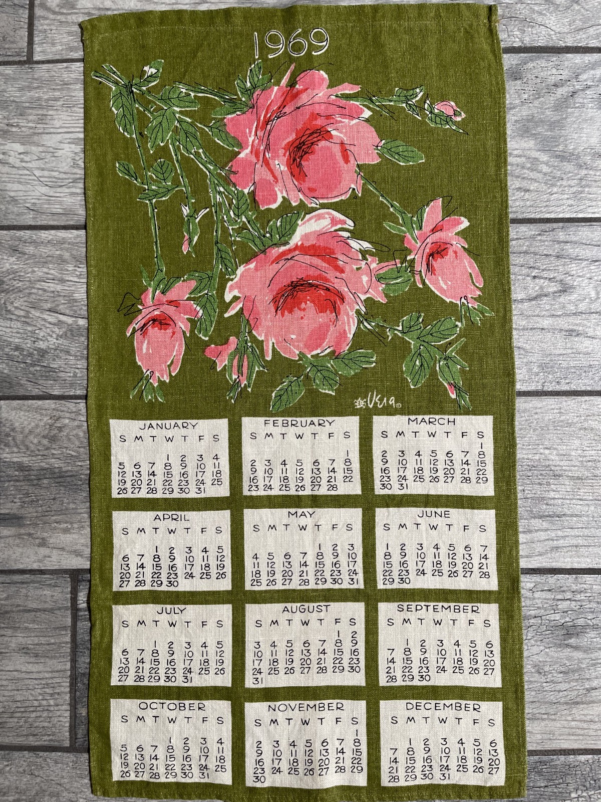 Vintage 1969 Calendar Tea Towel - Vera Neumann, Green with Pink Roses