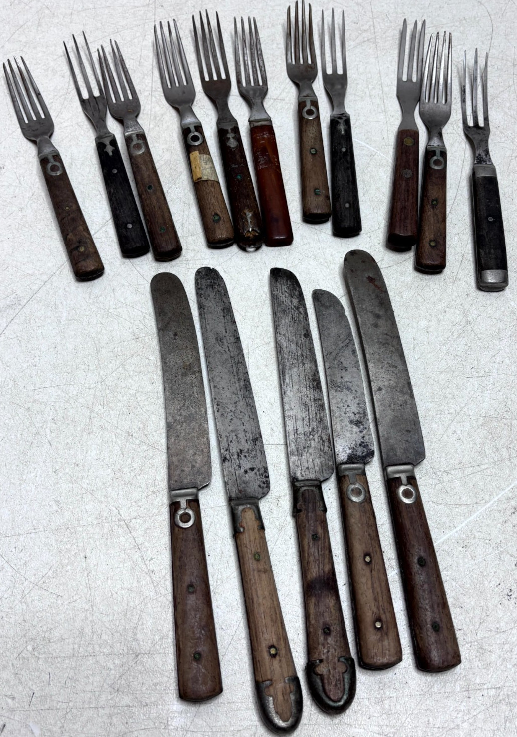 Antique Mixed Flatware Set of 17 Wood Handle Knives & Forks Rustic 3 Prong