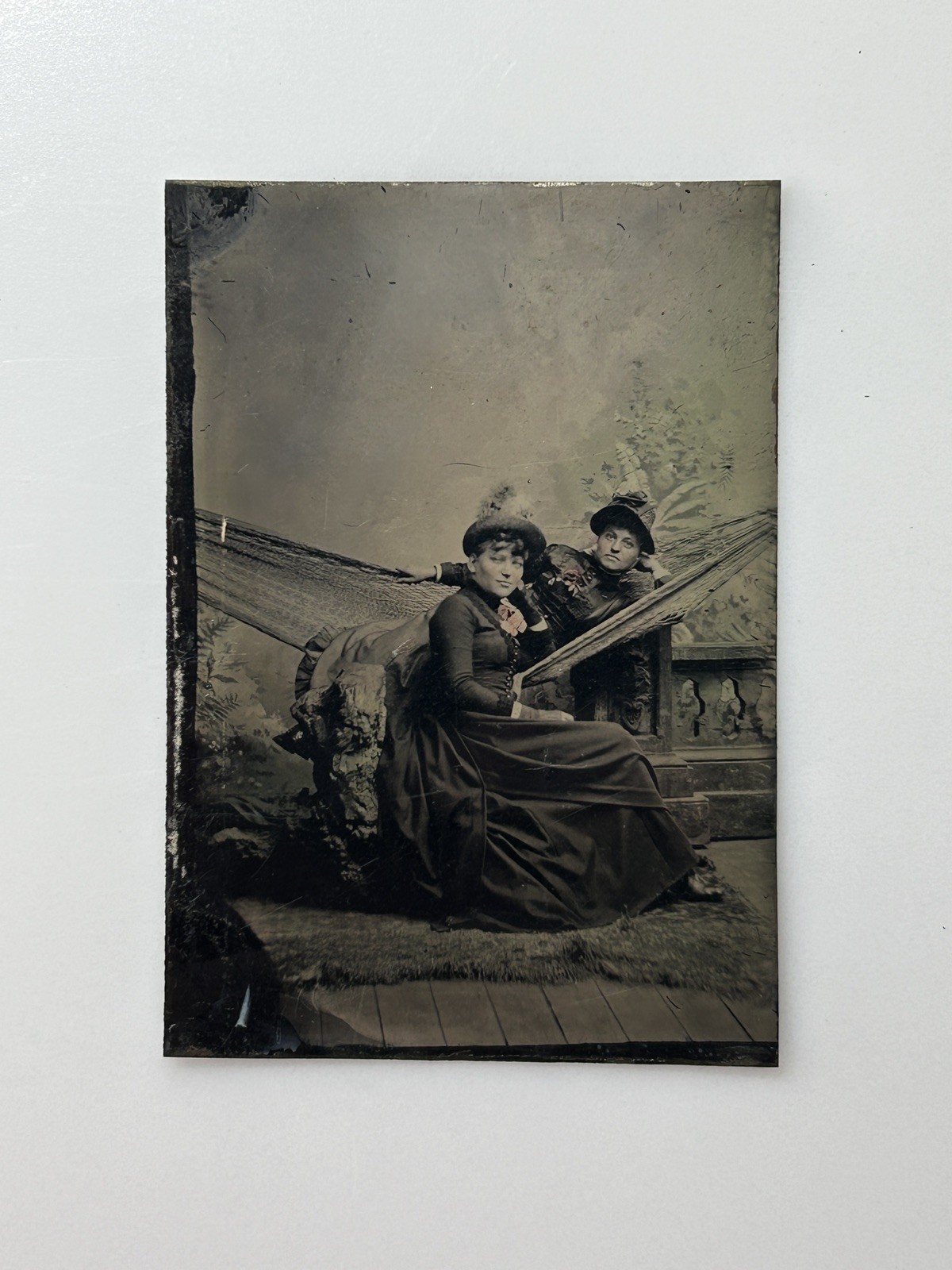 Antique 1800s Tintype Photo Two Women in Hammock Victorian Studio 1/6 Plate