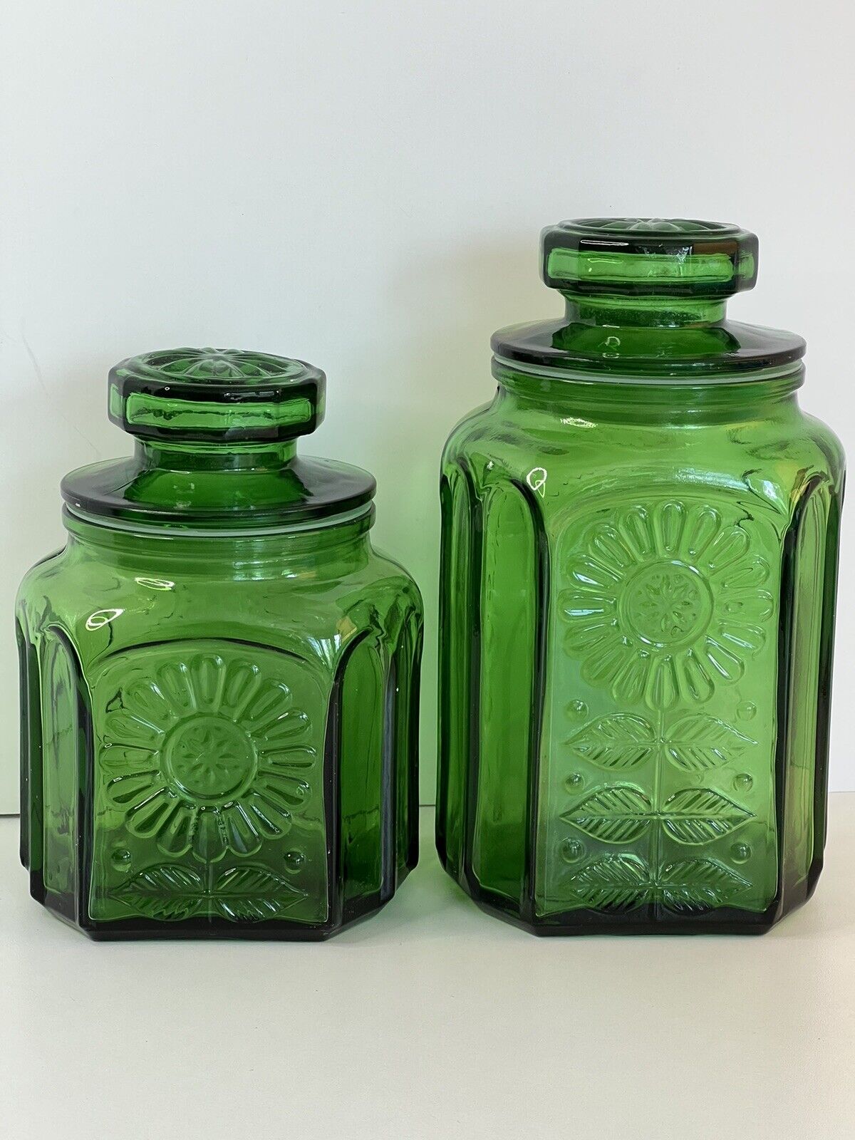 Vintage~Wheaton~Emerald Green Glass Canister Jars (2) Embossed Sunflower~1960’S