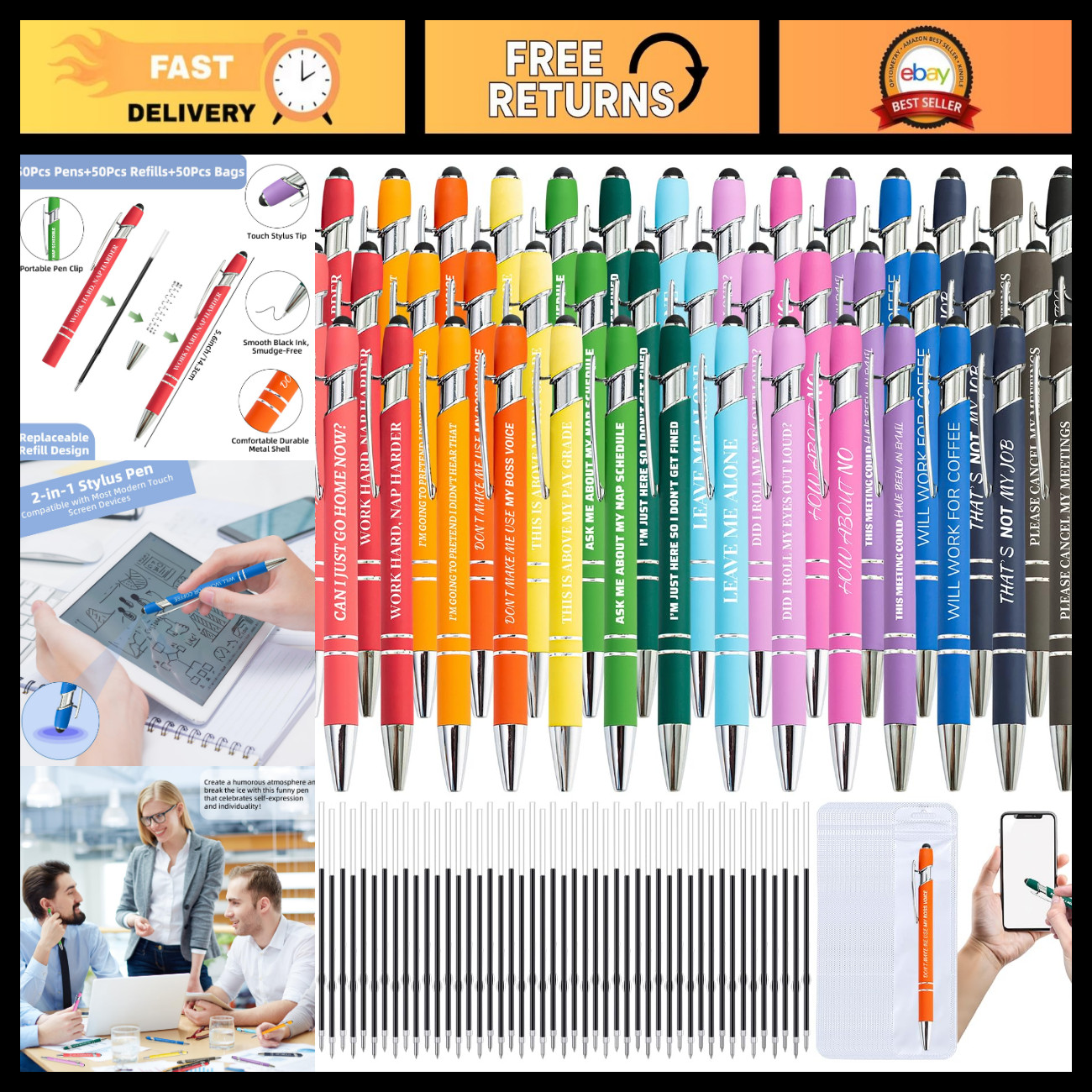 150 Pcs Sarcastic Ballpoint Pens Set with Refills & Bags - Funny Gag Gift for Ad