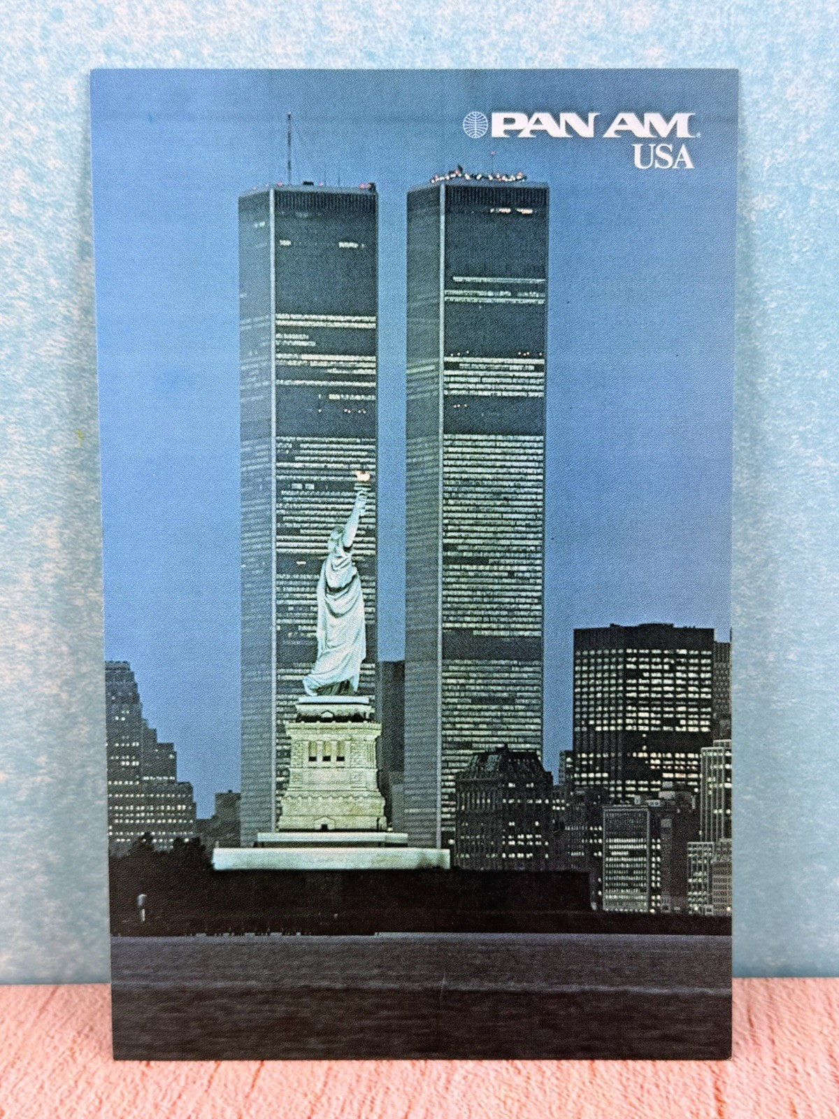 New York Twin Towers Travel Ad Pan Am Airline Statue of Liberty VTG Postcard