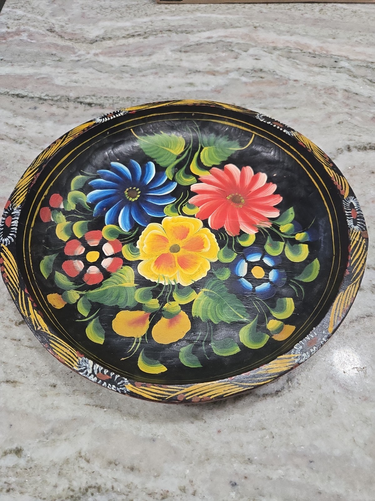 Vintage Hand Carved & Painted Mexican Folk Art Wood Floral Batea Bowl 13\