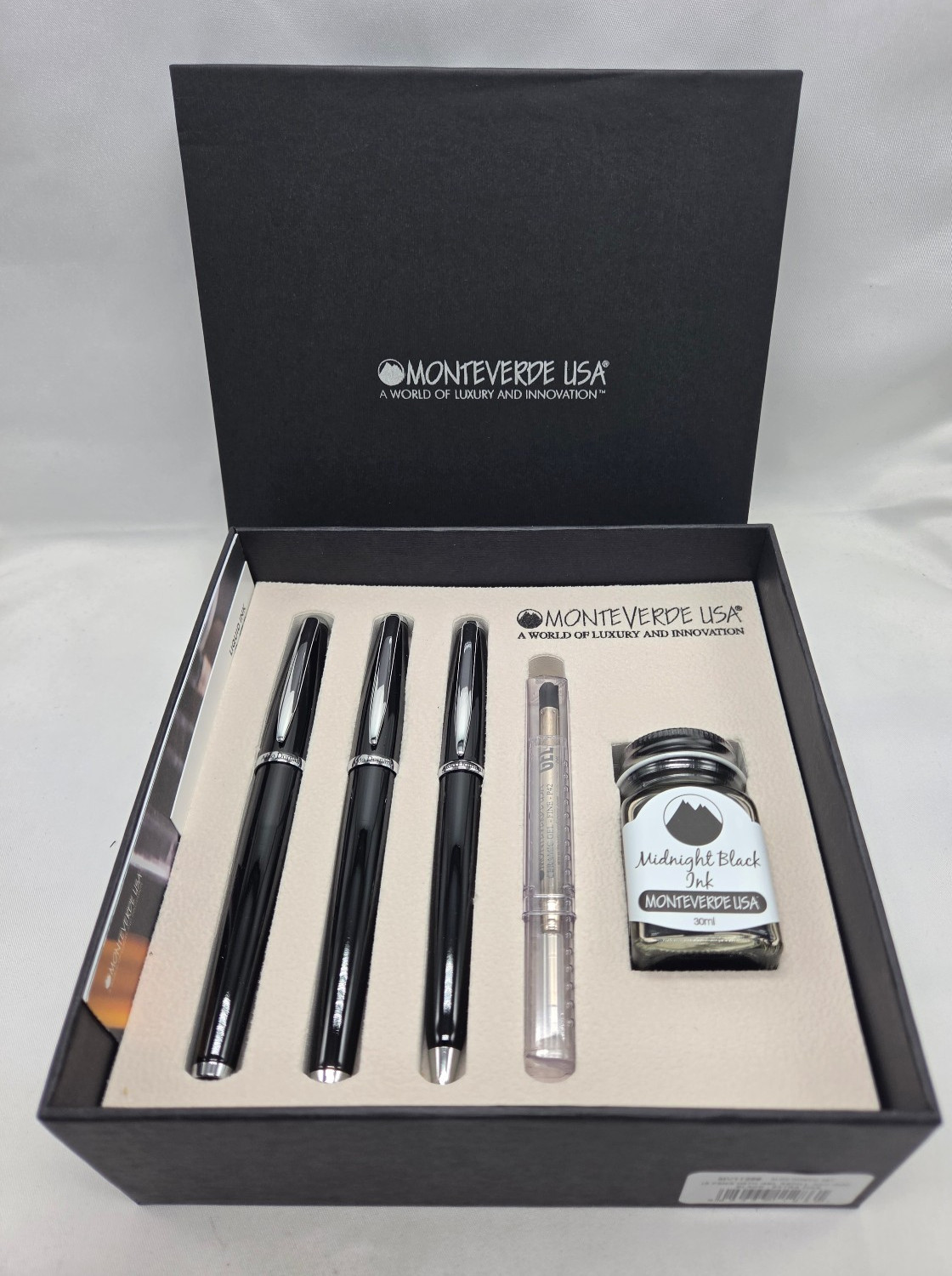 Monteverde USA Aldo Domani Gift Set, Black,Fountain Pen EF Nin, RB, BP+30ml ink