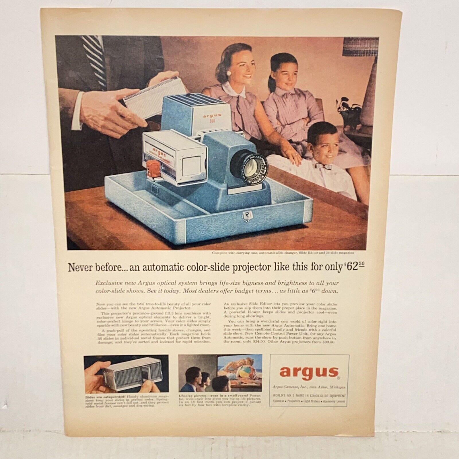 Vintage 1956 Argus Automatic Color Slide Projector Magazine Print Advertisement