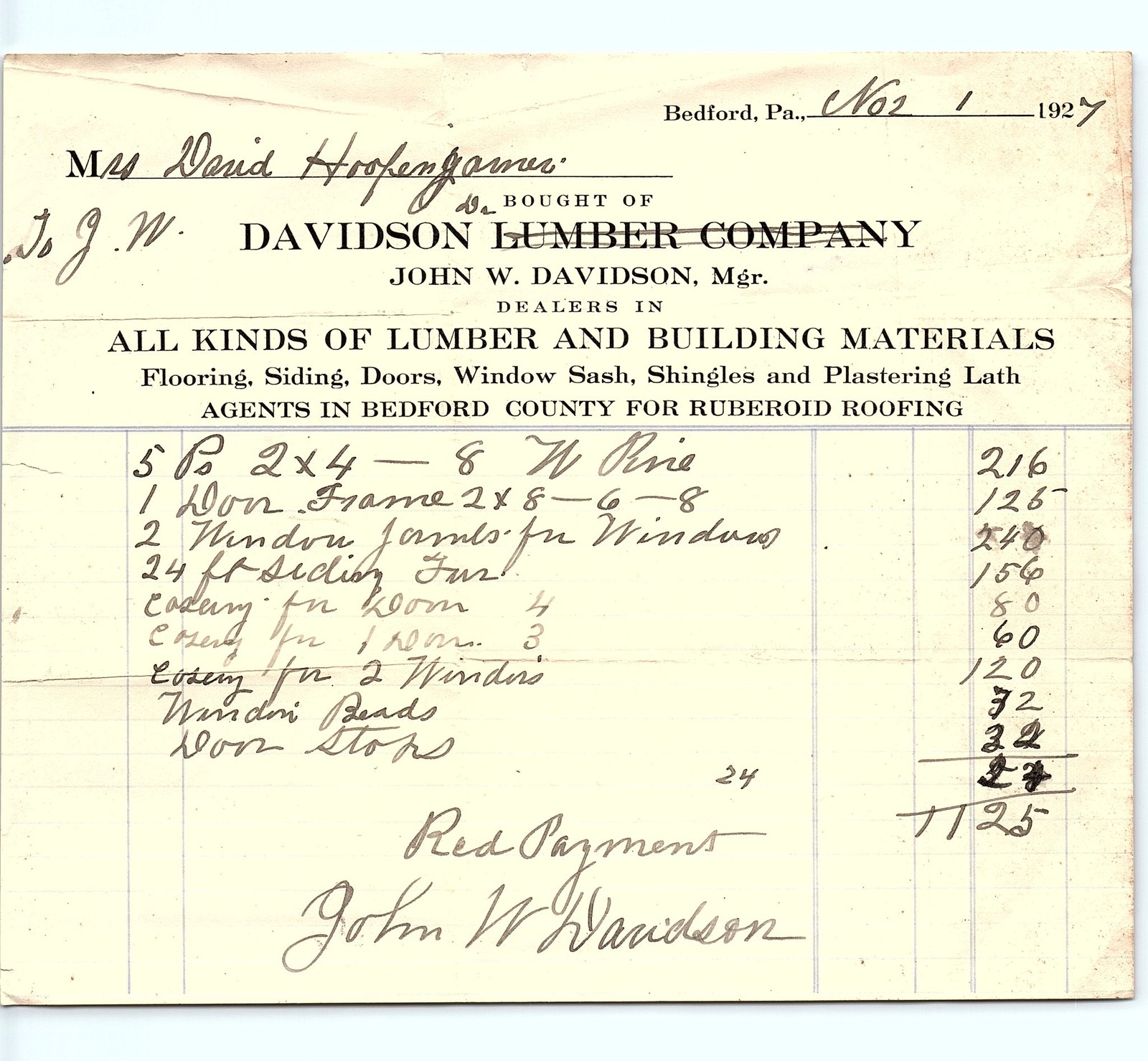 1927 Davidson Lumber Co. paid billhead, Bedford, PA
