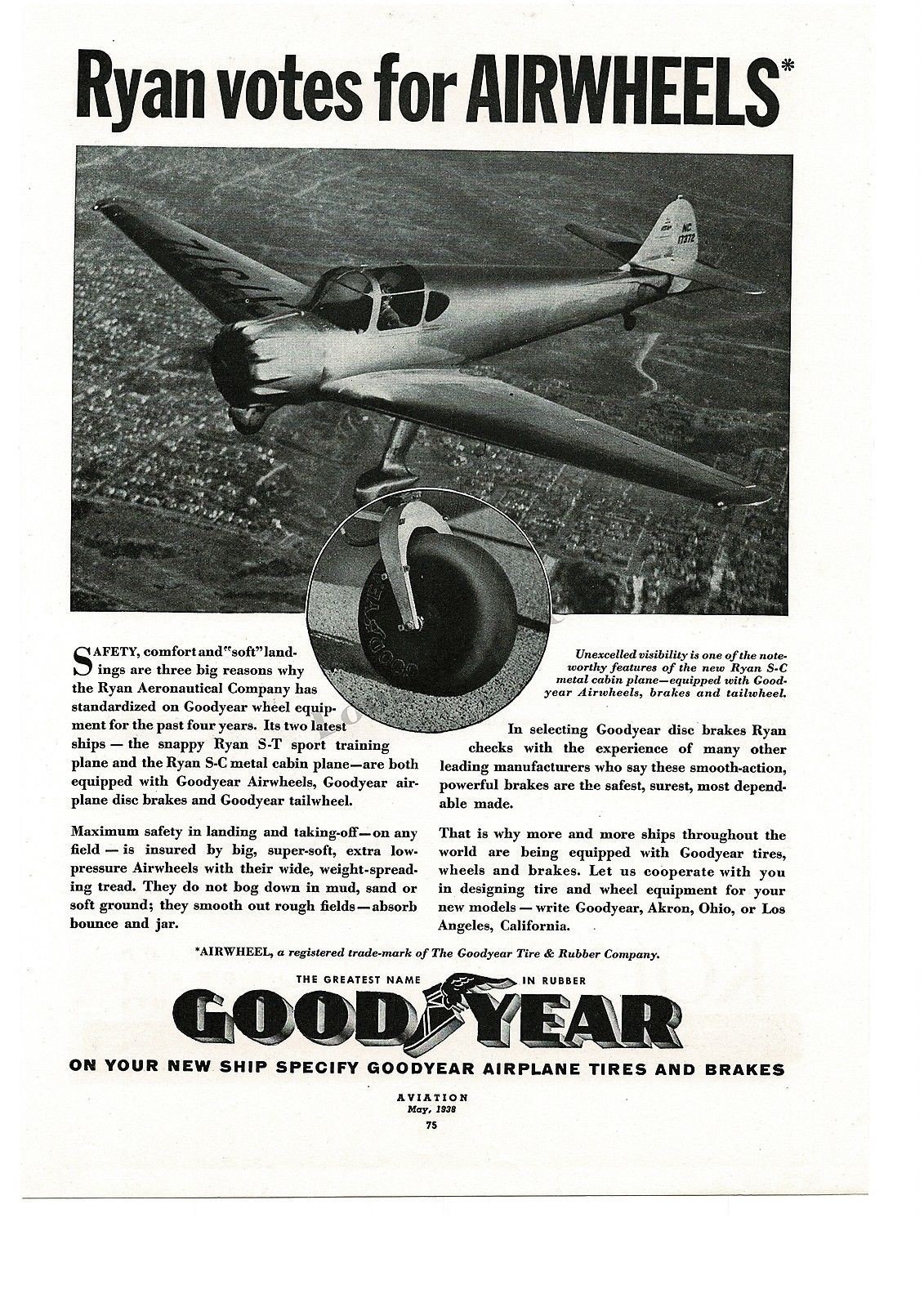 1938 GOODYEAR Airplane Tires on RYAN S-T Sport Training Plane Vintage Print Ad 