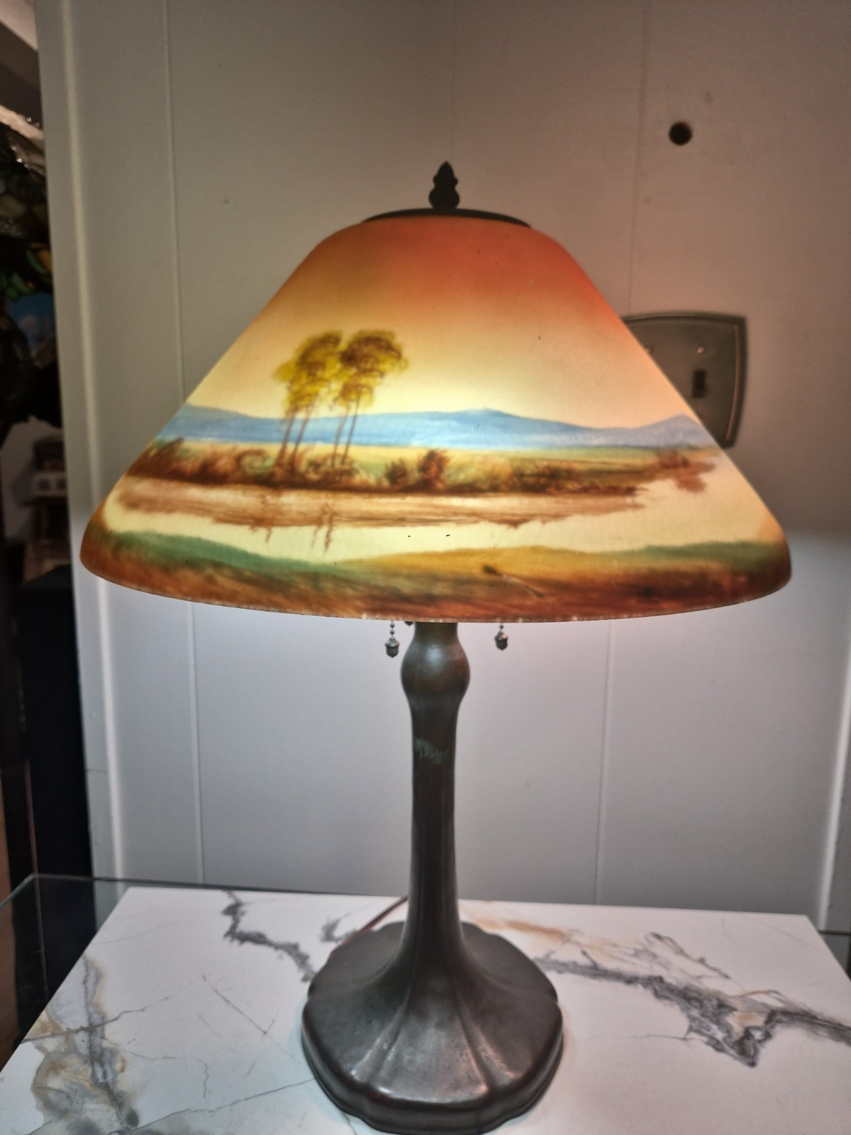 Antique HANDEL Reverse Painted Lamp Shade with Base Signed Shade 16 Wide