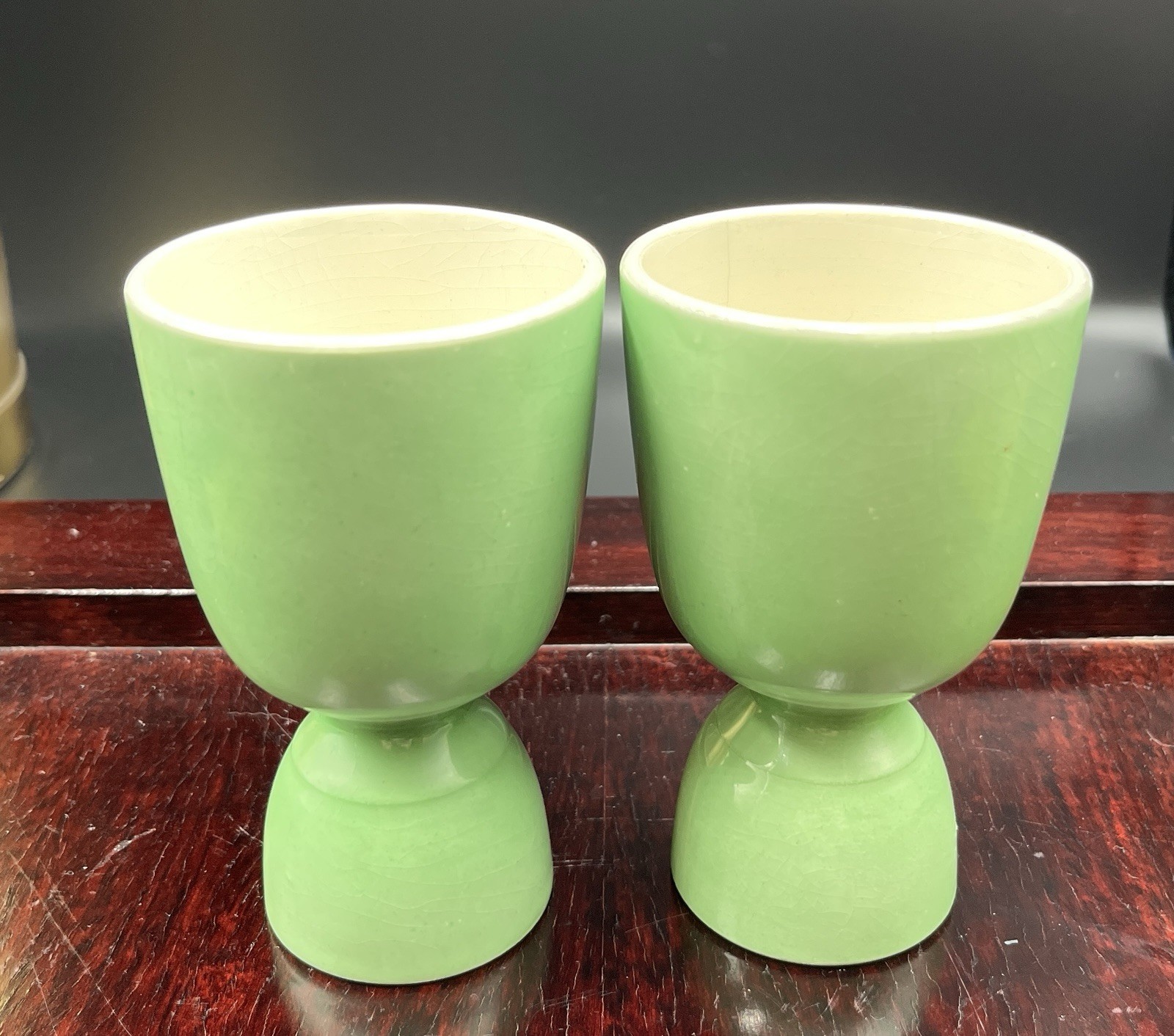 Vintage Green Ceramic Egg Cups Pair MCM Style Display Only Hairline Cracks