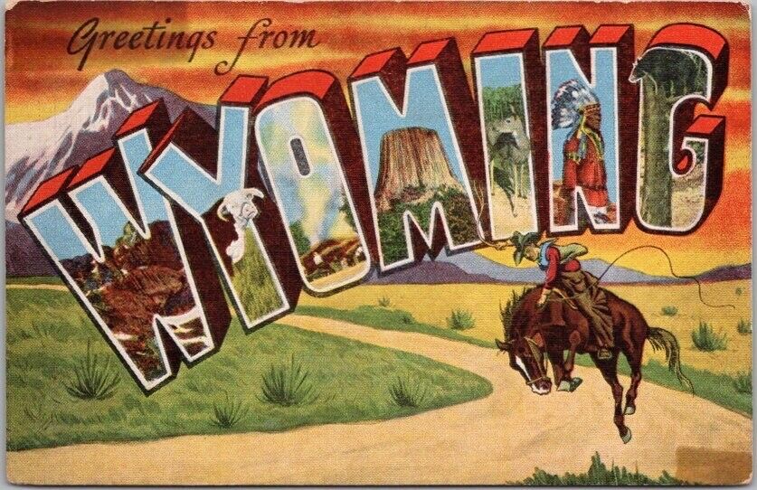 Vintage WYOMING Large Letter Postcard Cowboy Scene / KROPP Linen - Dated 1954