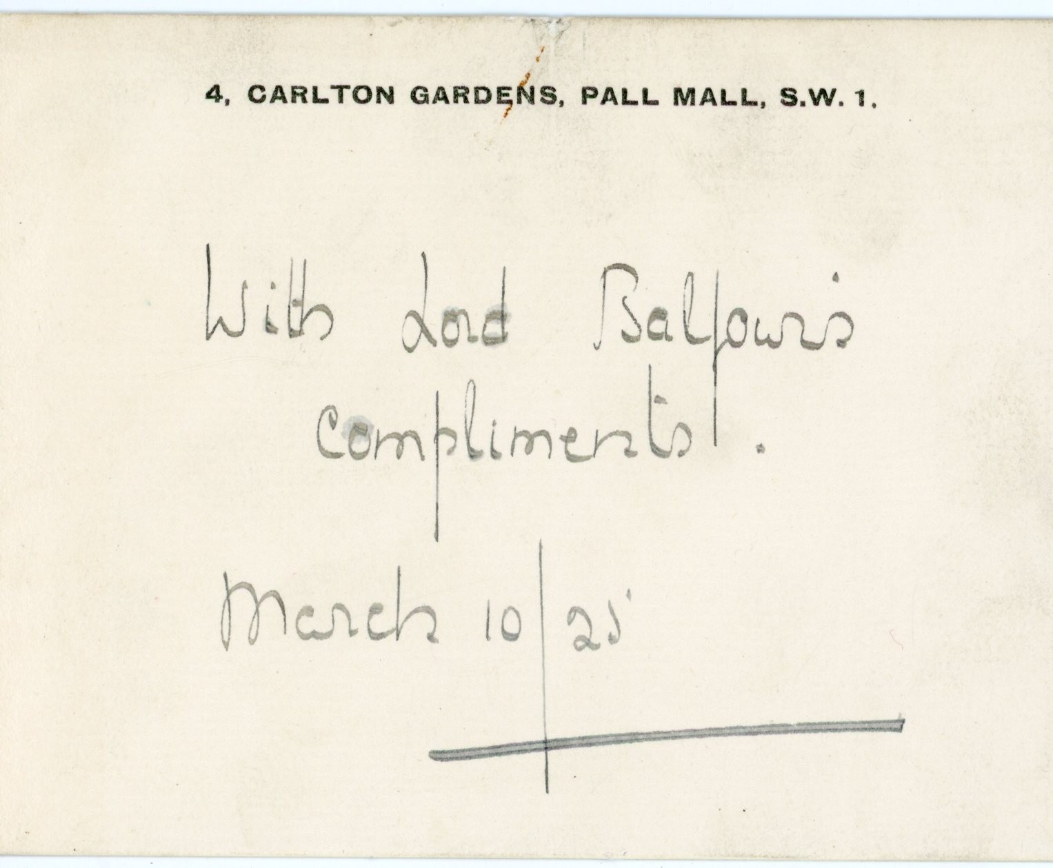 Lord Arthur Balfour Handwritten Compliments Card 1925 UK Prime Minister Balfour