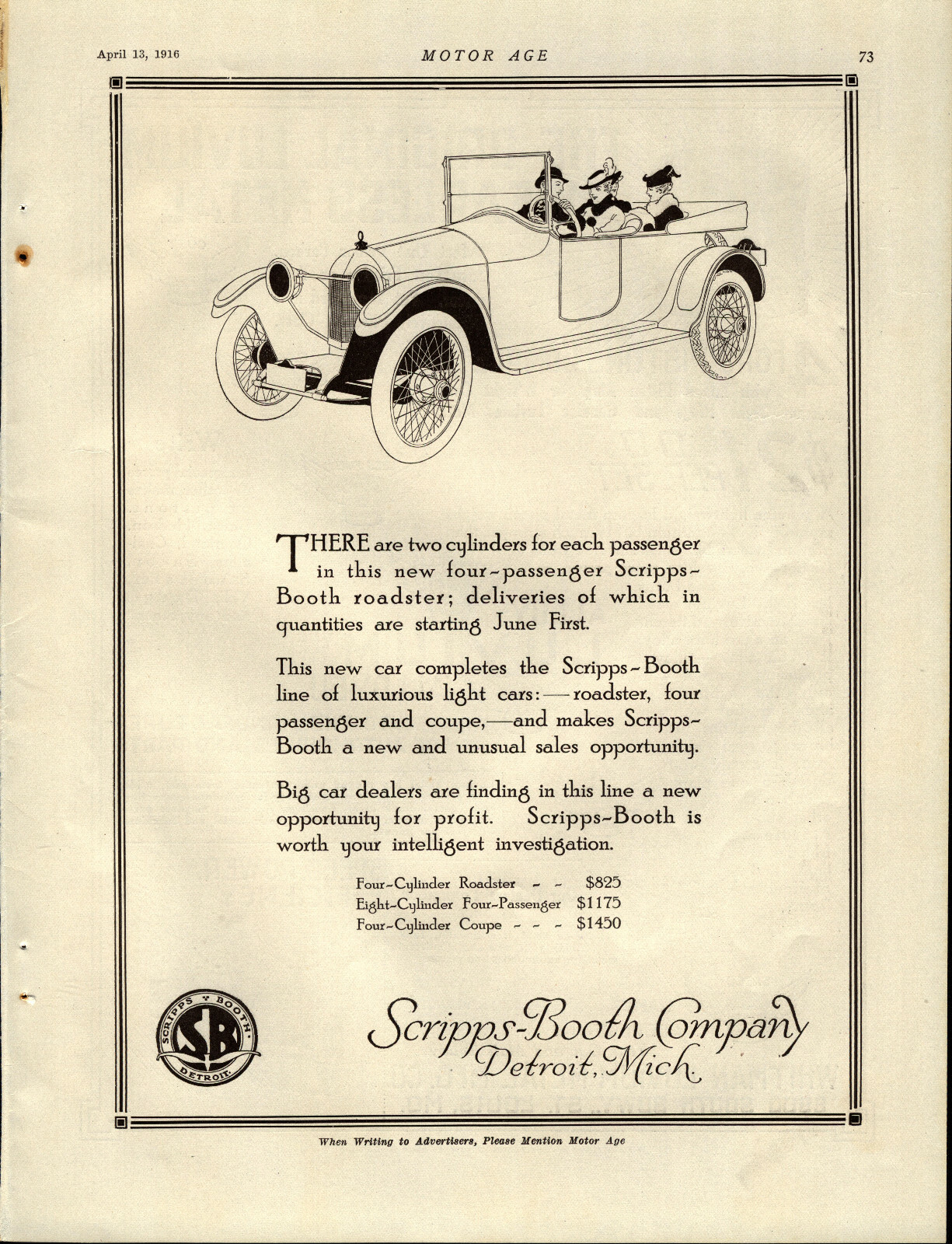 1916 Scripps Booth Motor Cars Advertisement: Roadster Model - Detroit, Michigan