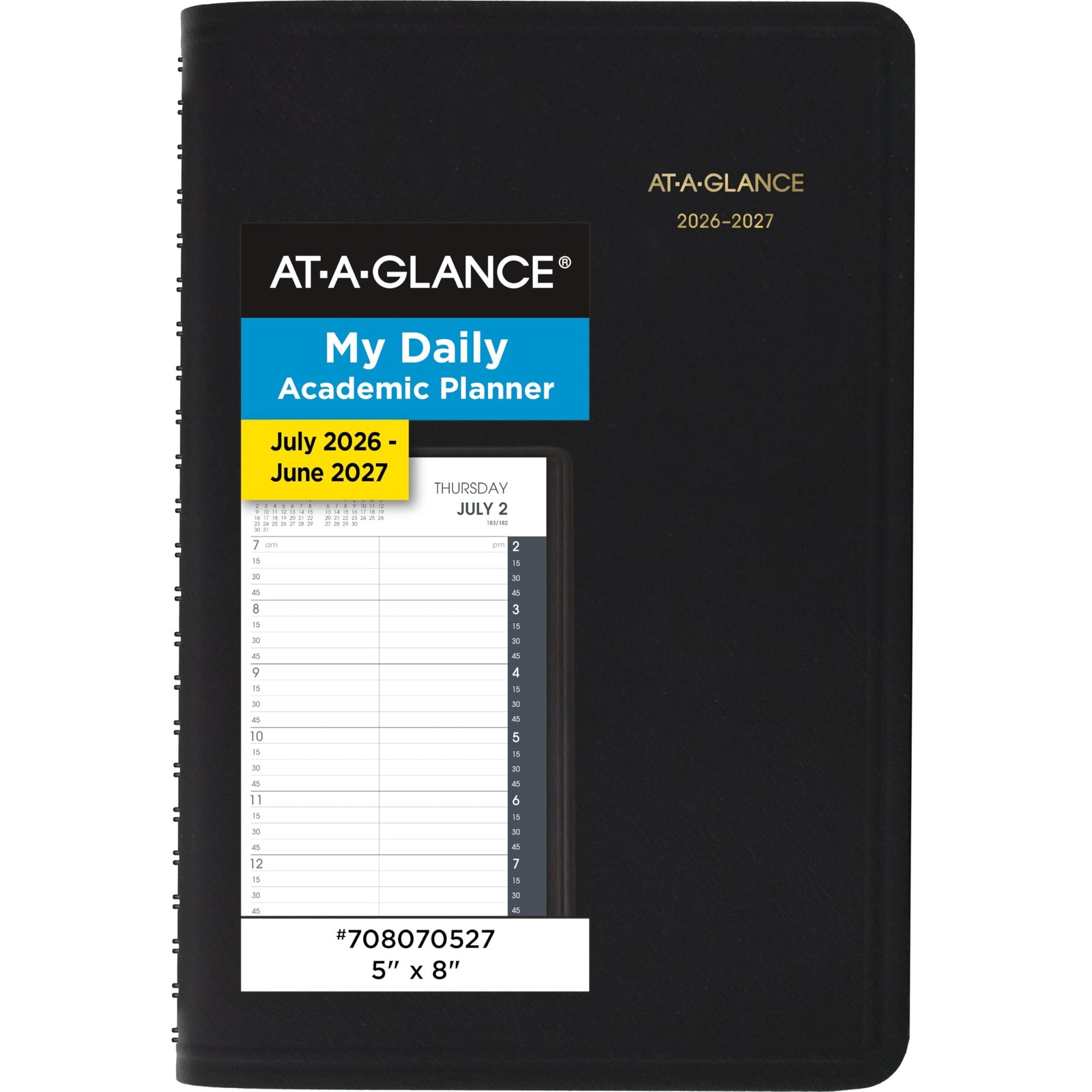 AT-A-GLANCE 2026-2027 Daily Academic Planner 5x8 Black Quarter Hourly