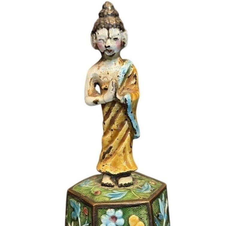 Antique Chinese Cloisonne Enamel Hexagonal Bell Monk Buddha Figure Green Floral