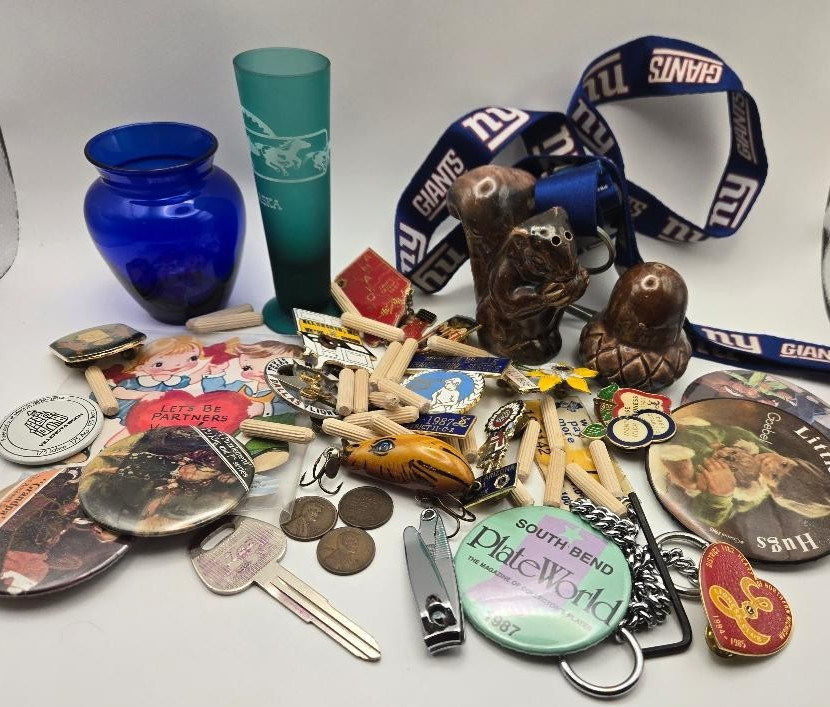 vintage estate junk drawer lot coins salt & pepper shaker cobalt blue lapel pins