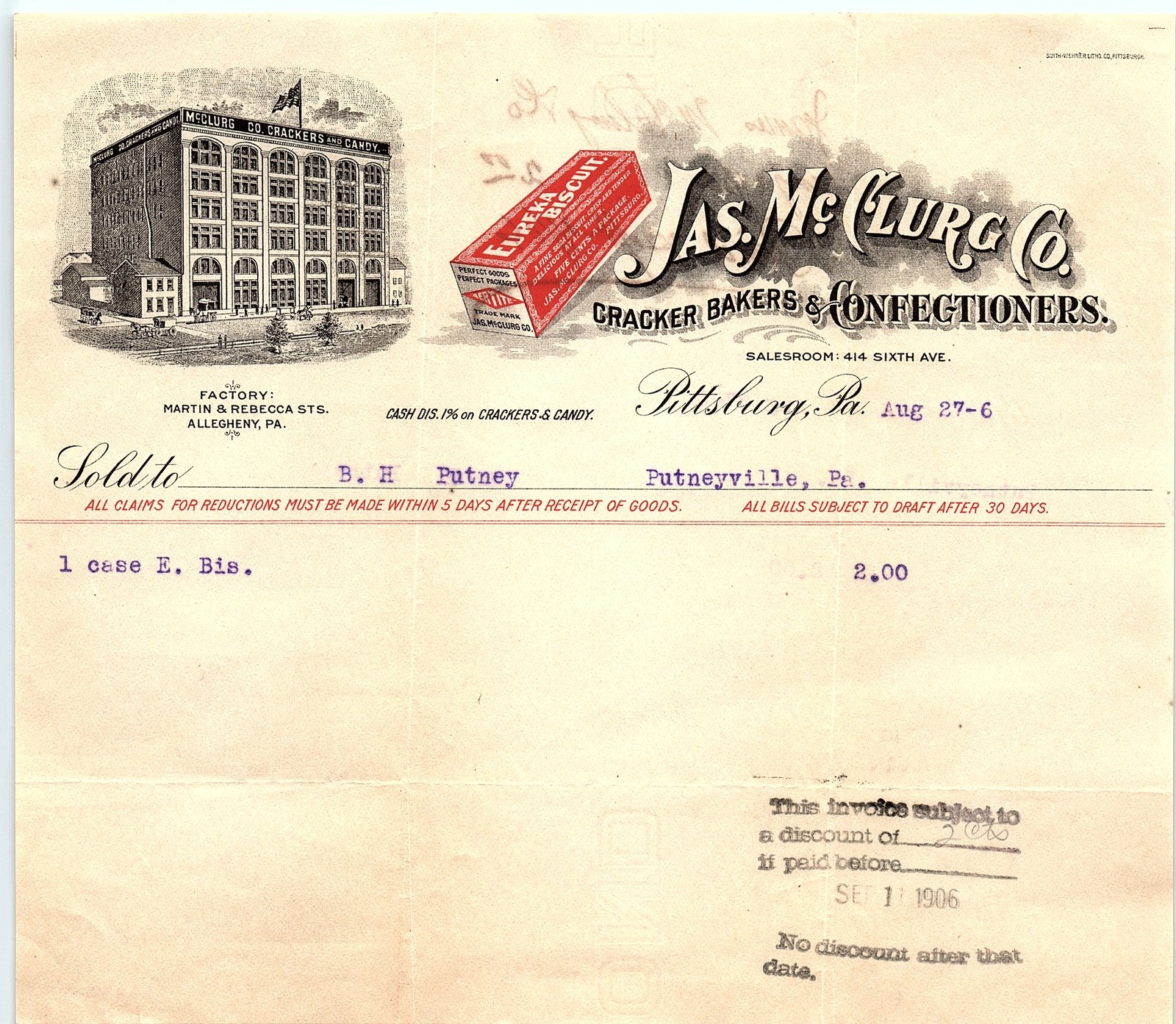 1906 Jas. McClurg & Co. Cracker Bakers Billhead, Putneyville