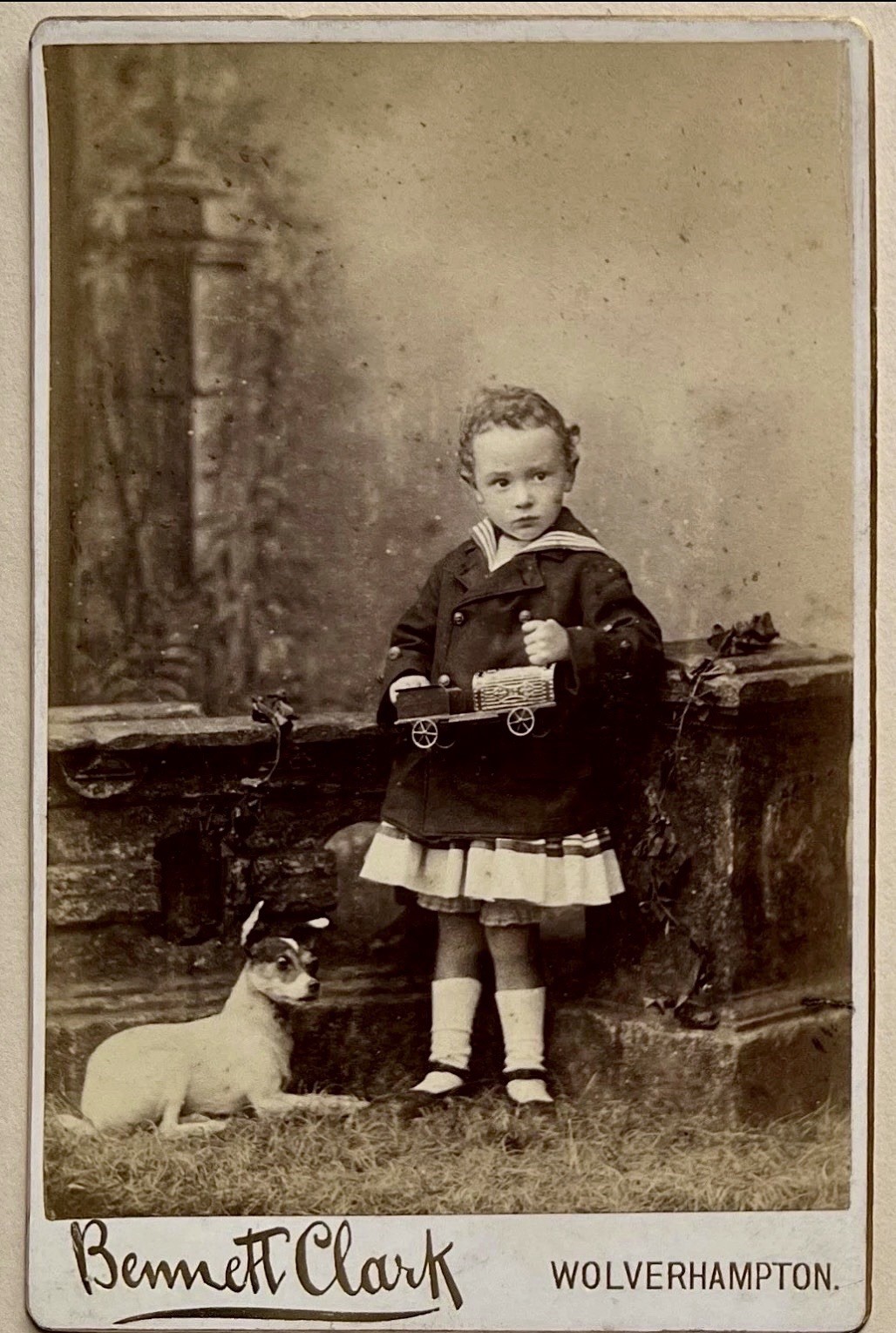 Antique Cabinet Card~Child~Sailor Suit ~Dog Terrier~Toy Train~October 12 1889