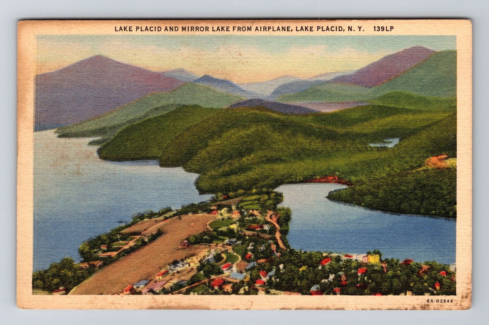 Lake Placid NY-New York, Aerial Lake Placid, Mirror Lake, Vintage Postcard