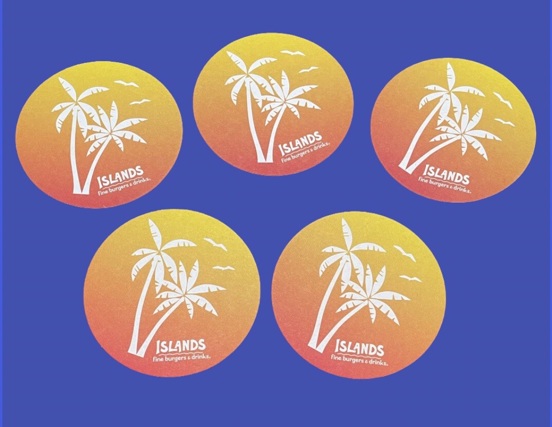 New Island Restaurant Fine Burgers & Drinks Set Of Five Restaurant Bar Coasters