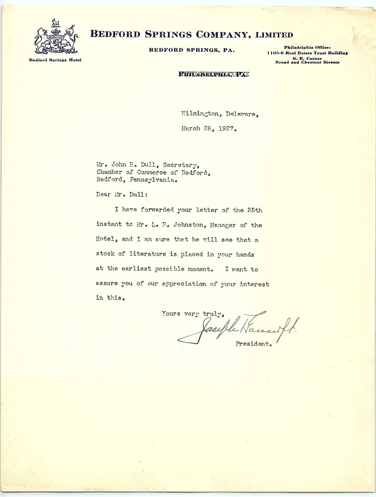 1927 Bedford Springs Hotel Letter Signed Joseph Bancroft Pre