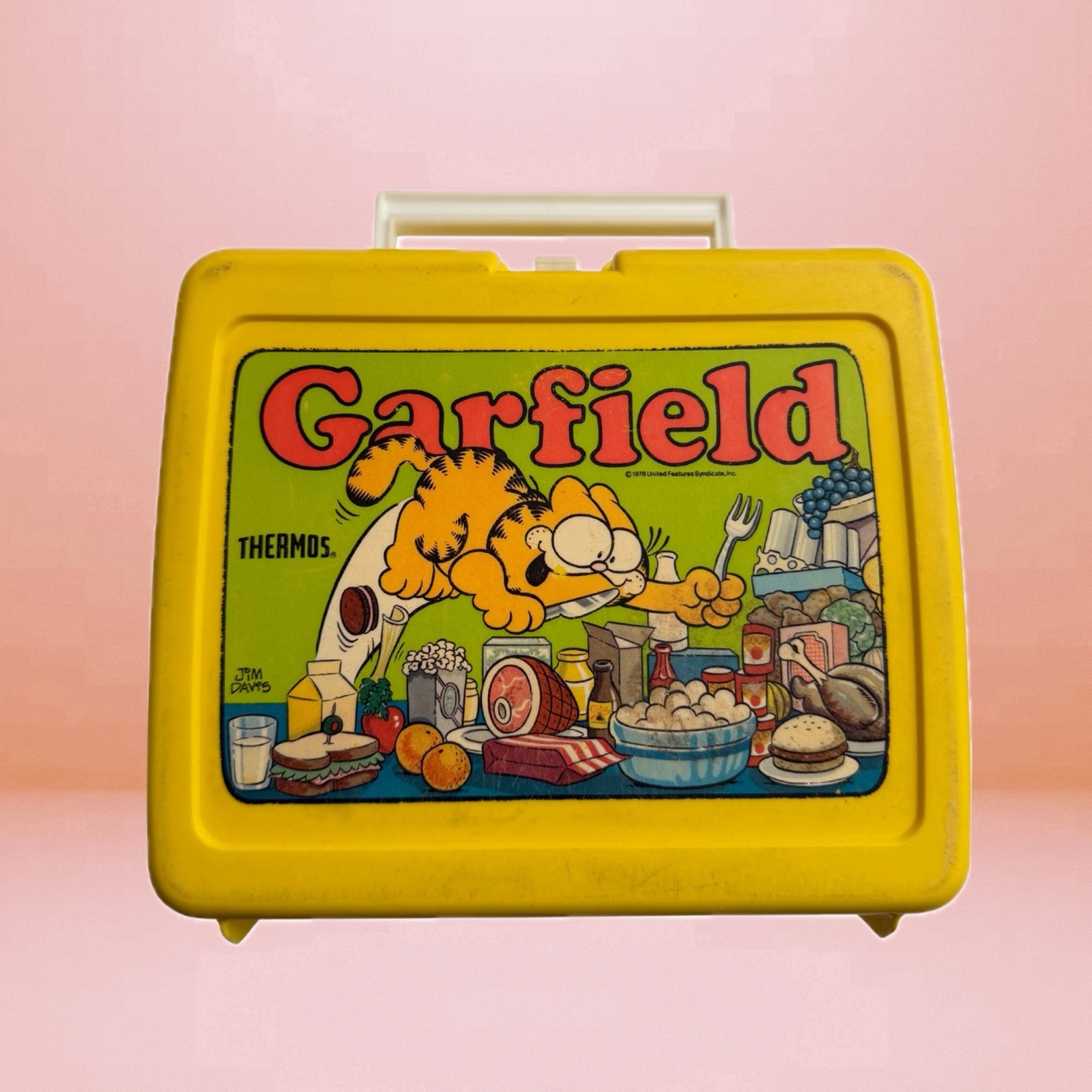 Vintage Garfield Lunch Box 1978 Yellow Plastic With Thermos Jim Davis