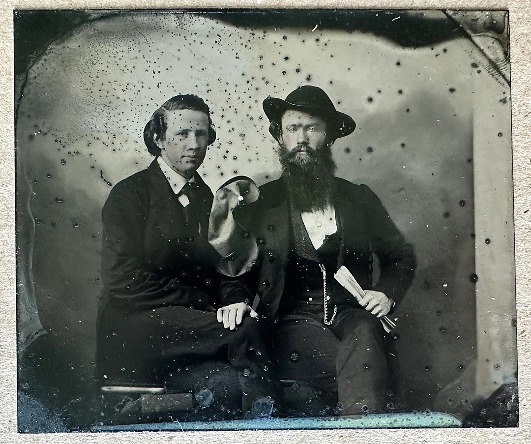 Early Tintype Two Men Friends Holding Hat & Documents NEFF's PATENT 1860s