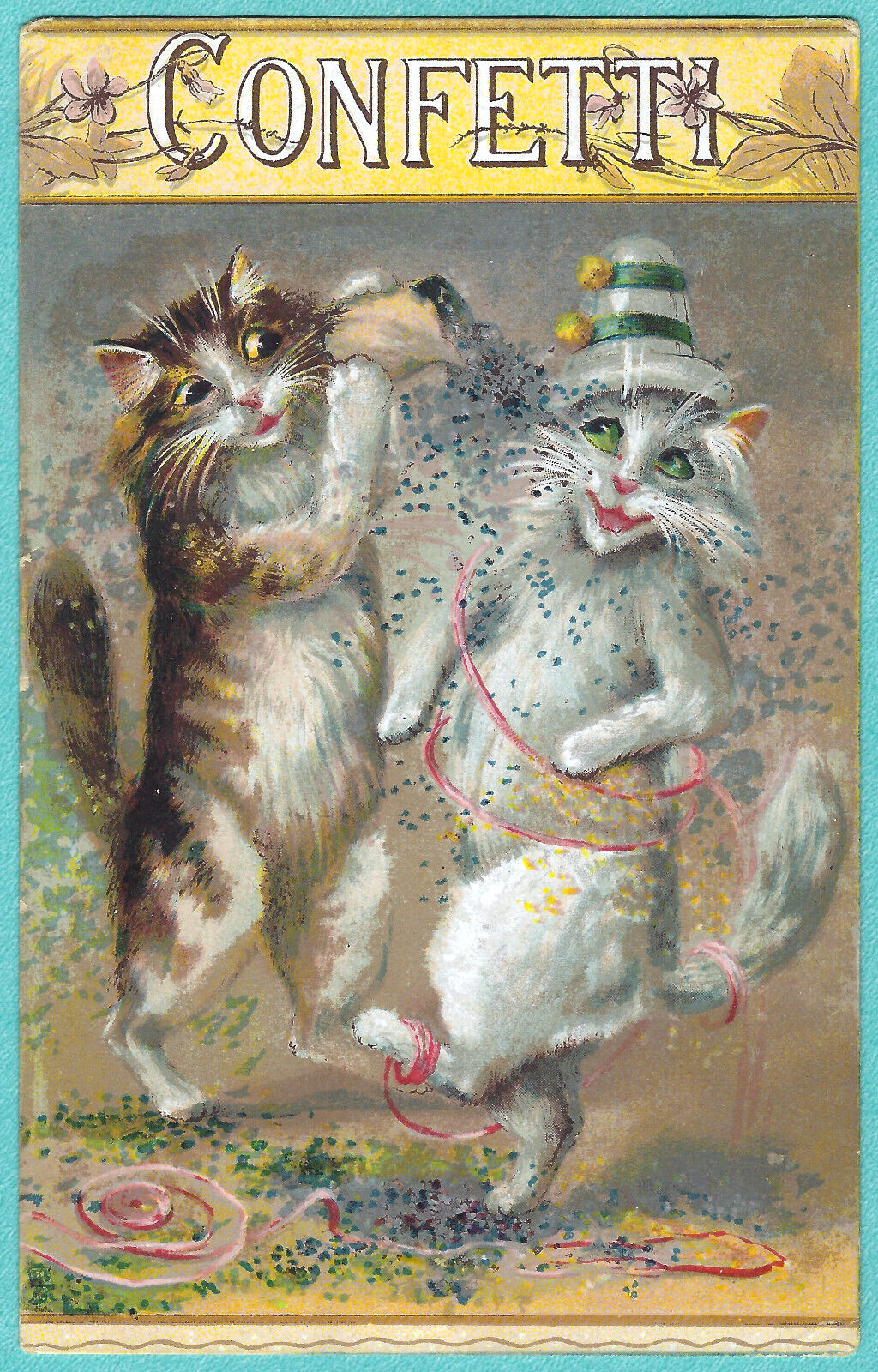 Vtg Boulanger Cats Standing Up Dancing Party Hat Humorous CONFETTI Tuck PC c1907
