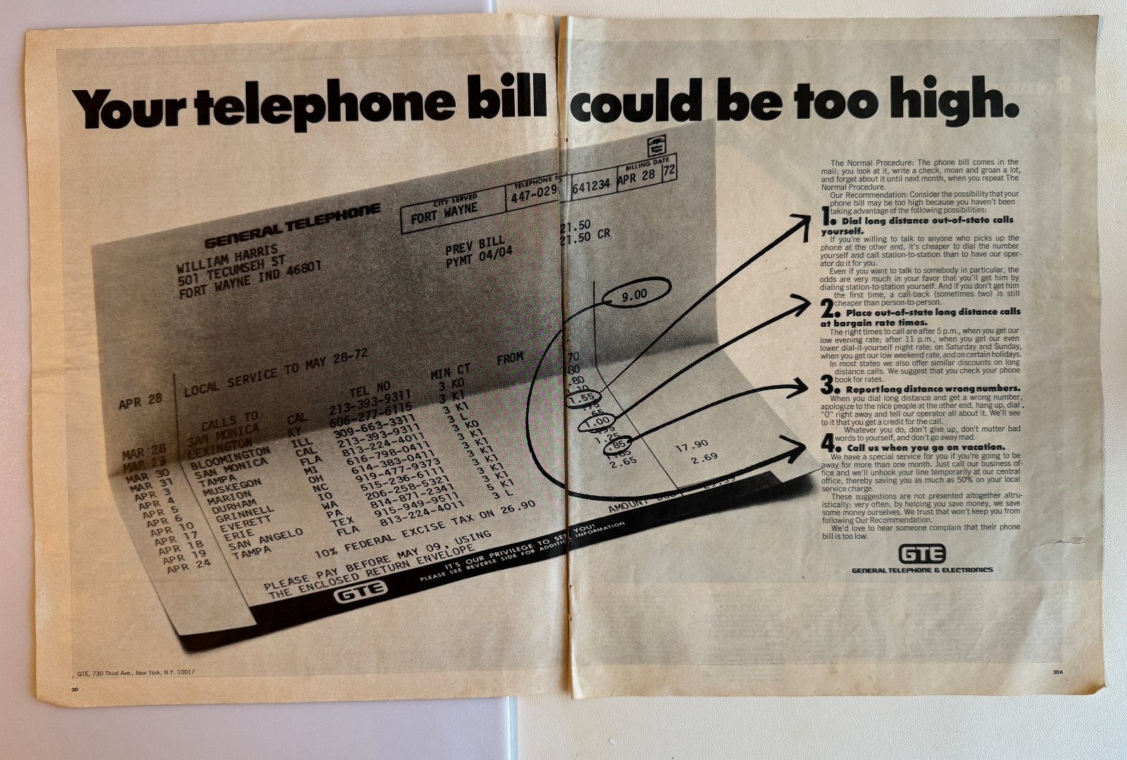1972 GTE Your Telephone Bill Could Be To High Vintage Print Ad