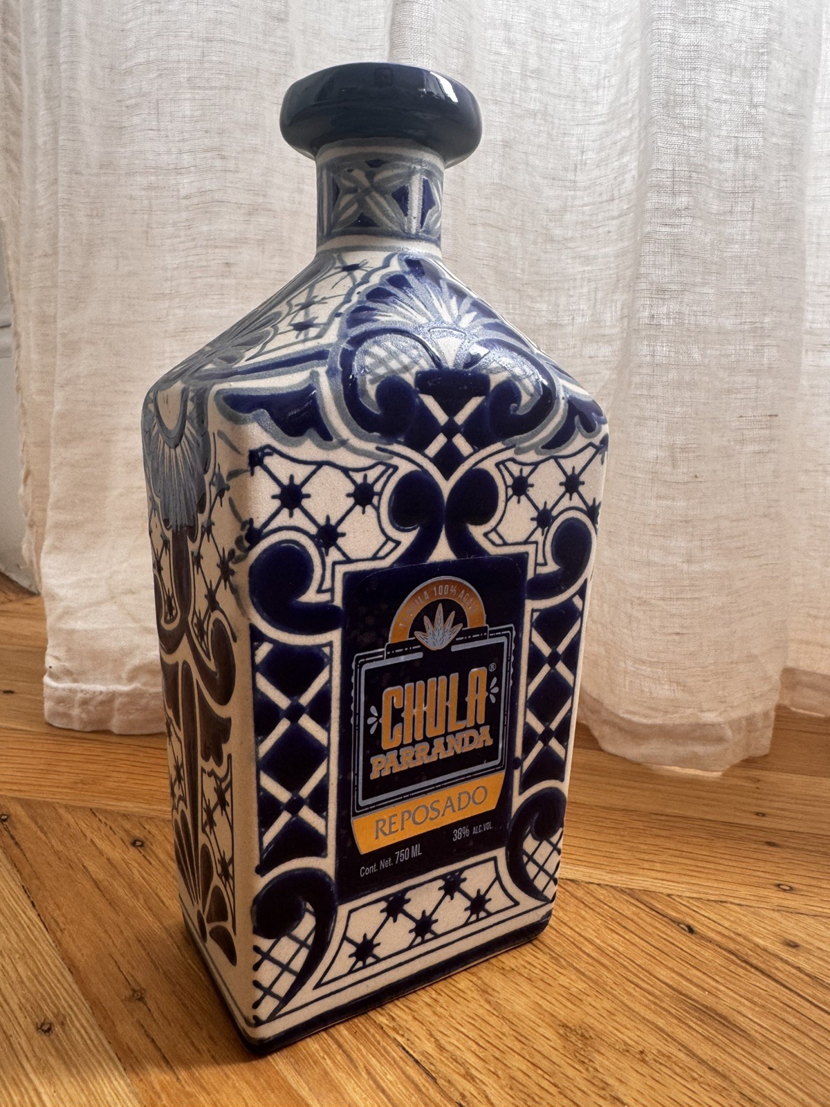 Chula Parranda Tequila Handcrafted Painted Ceramic Blue Bottle Mexican Talavera 