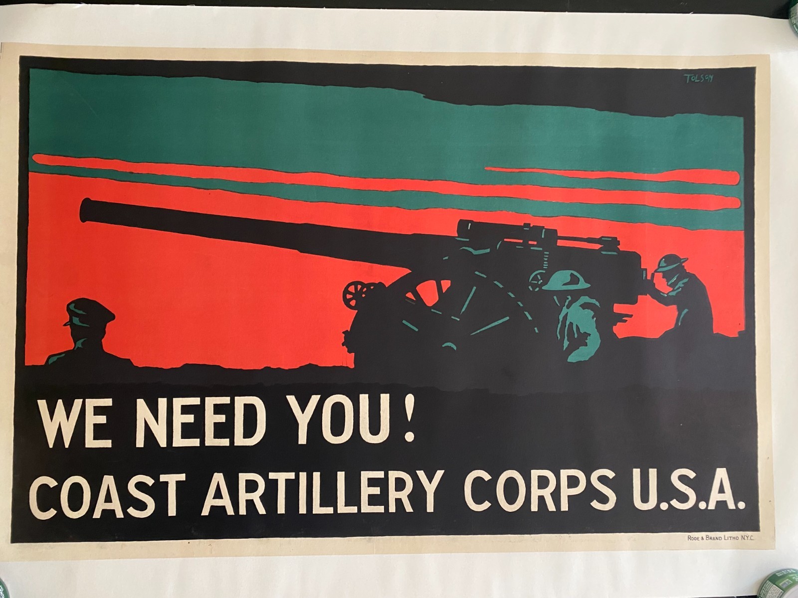 c.1917 Original WWI Tolson Coast Artillery Corps U.S.A Poster Linen Backed