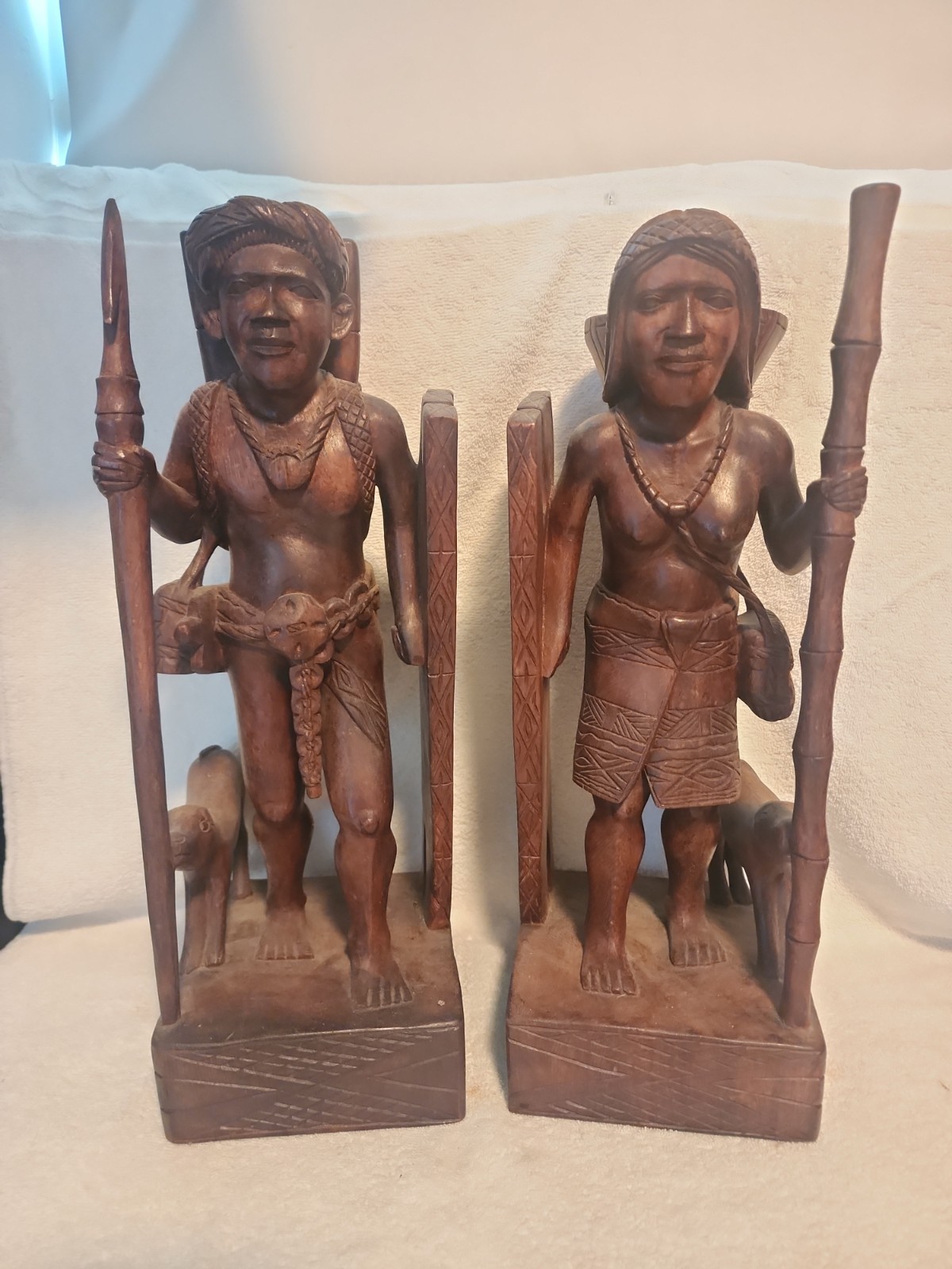 Vintage Man Woman with Dog Bookend Statues Igorot Philippines 16 '' Tall 