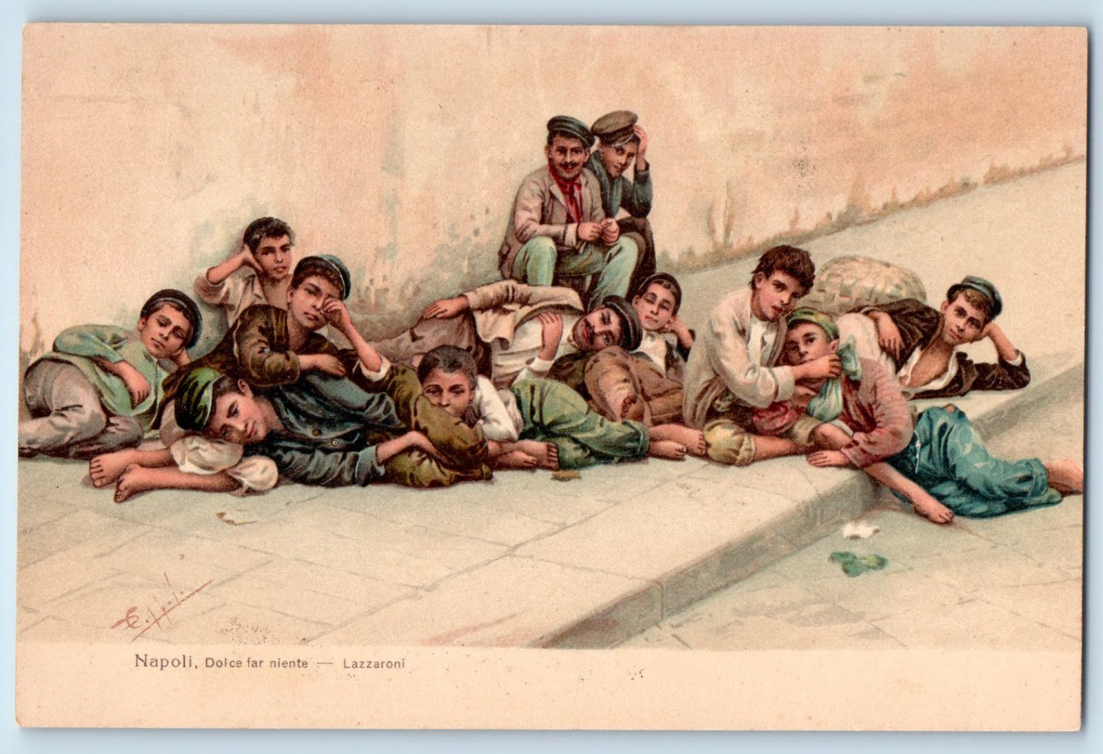 Naples Campania Italy Postcard Sweet Idleness Lazzaroni c1920’s Antique